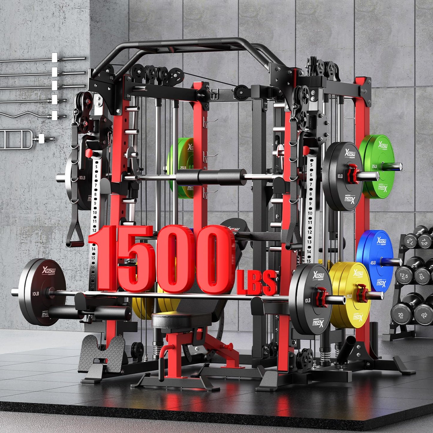 Smith Machine，Multi-Function Squat Rack Power Cage with Cable Crossover System,with Optional Weight Bench, Olympic Barbell Weight Set, for Home Gym (red, L07-Power Cage Only)