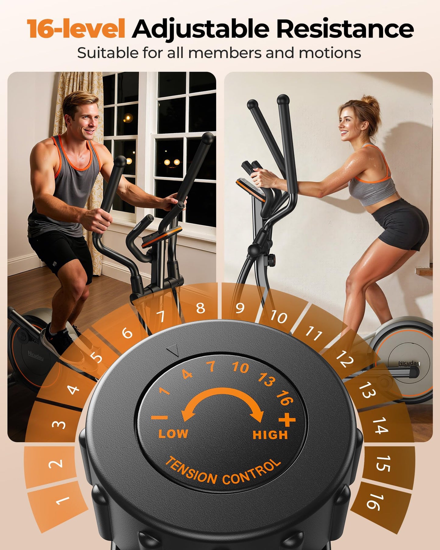 Niceday Elliptical Exercise Machine, Elliptcal Machine for Home, 20IN Stride Elliptical Machine, Elliptcal Training Machine with 16 Level Resistance, 500LBS Loading Capacity