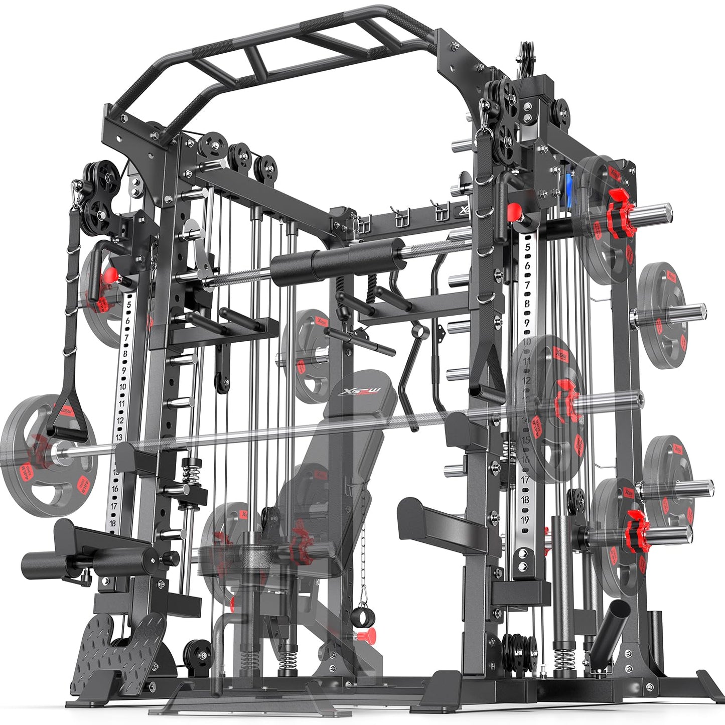 Smith Machine，Multi-Function Squat Rack Power Cage with Cable Crossover System,with Optional Weight Bench, Olympic Barbell Weight Set, for Home Gym (Black, L05-Power Cage Only)