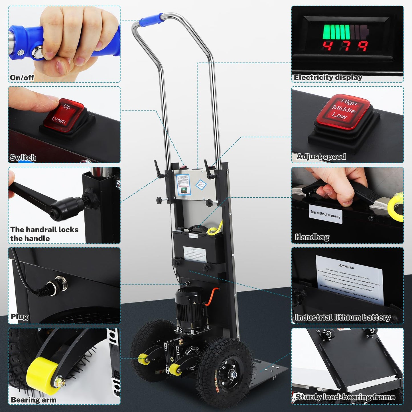 1200W Electric Stair Climbing Hand Trucks, Heavy Duty Stair Climber Dolly 881lbs Capacity with Lithium Battery & 2 Safety Ropes, Motorized Stair Climbing Dolly for Moving Furniture, Fridge & Loads