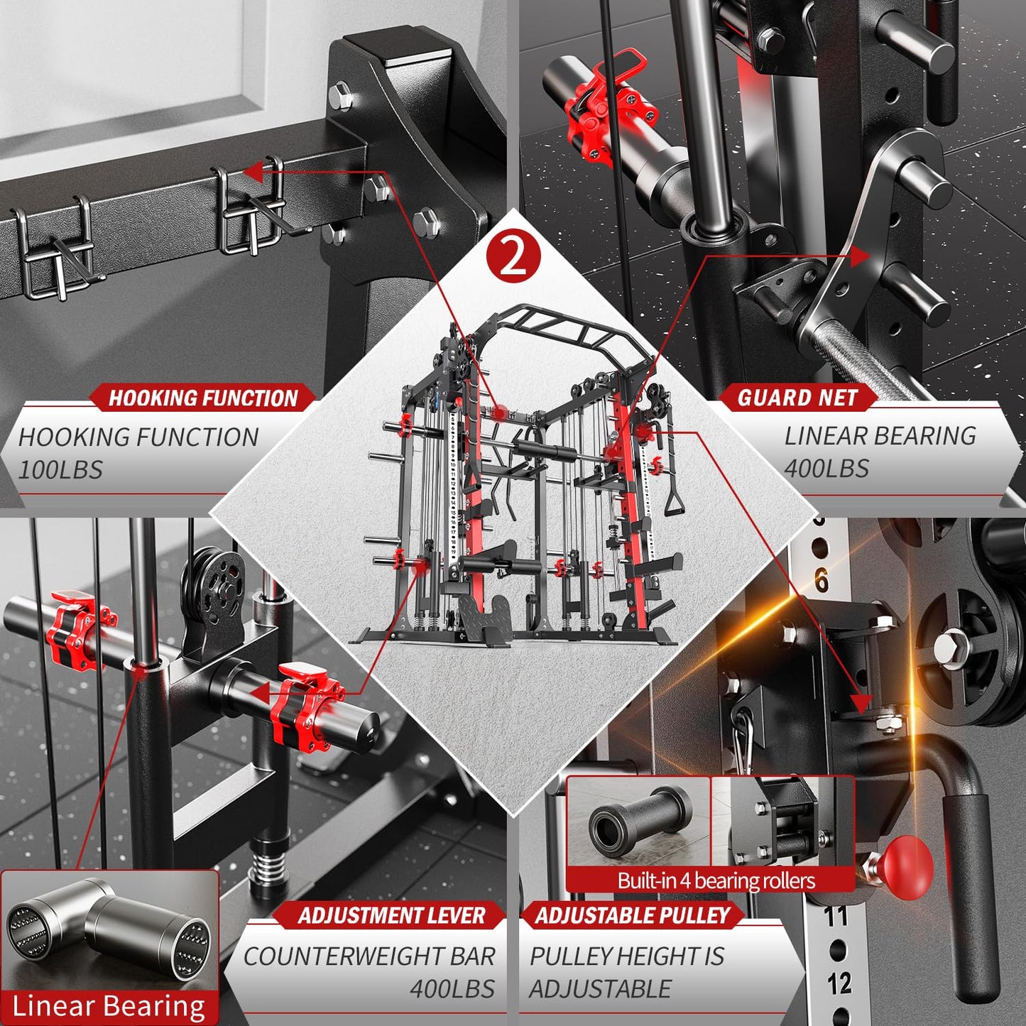 Smith Machine，Multi-Function Squat Rack Power Cage with Cable Crossover System,with Optional Weight Bench, Olympic Barbell Weight Set, for Home Gym (red, L05-Package(（Pole+Color BP） 403LBS)