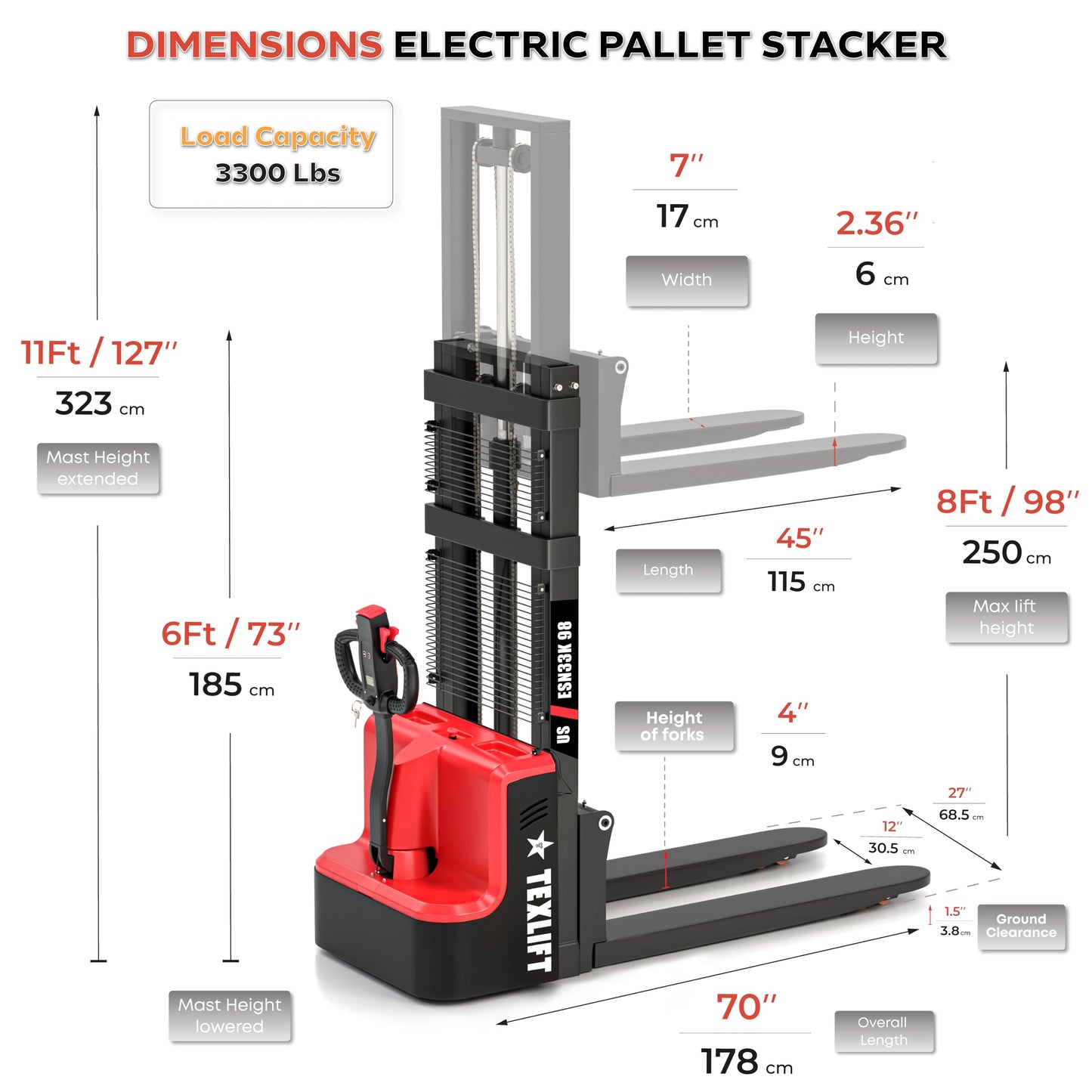 Full Electric Walkie Pallet Stacker 3300 lb Capacity, 98″ / 8 Ft Lift Height, Fixed Narrow Legs & Adjustable Forks 5.5″–27″, Battery Powered Material Lifter for Warehouse (US-ESN33K-98)