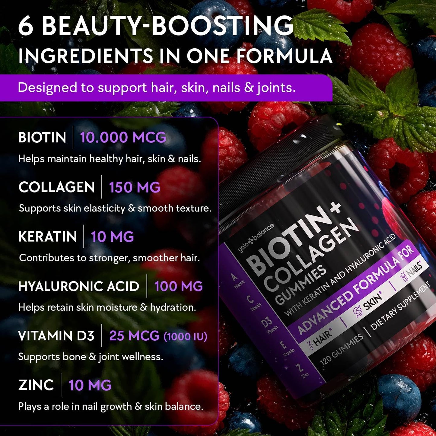 YOLOBALANCE Biotin Gummies 10000mcg for Hair Growth Support - Sugar Free Multi Collagen with Keratin, Silica & Hyaluronic Acid - Pectin Based, Soft Chew Hair Skin and Nails Vitamins - 120 Count