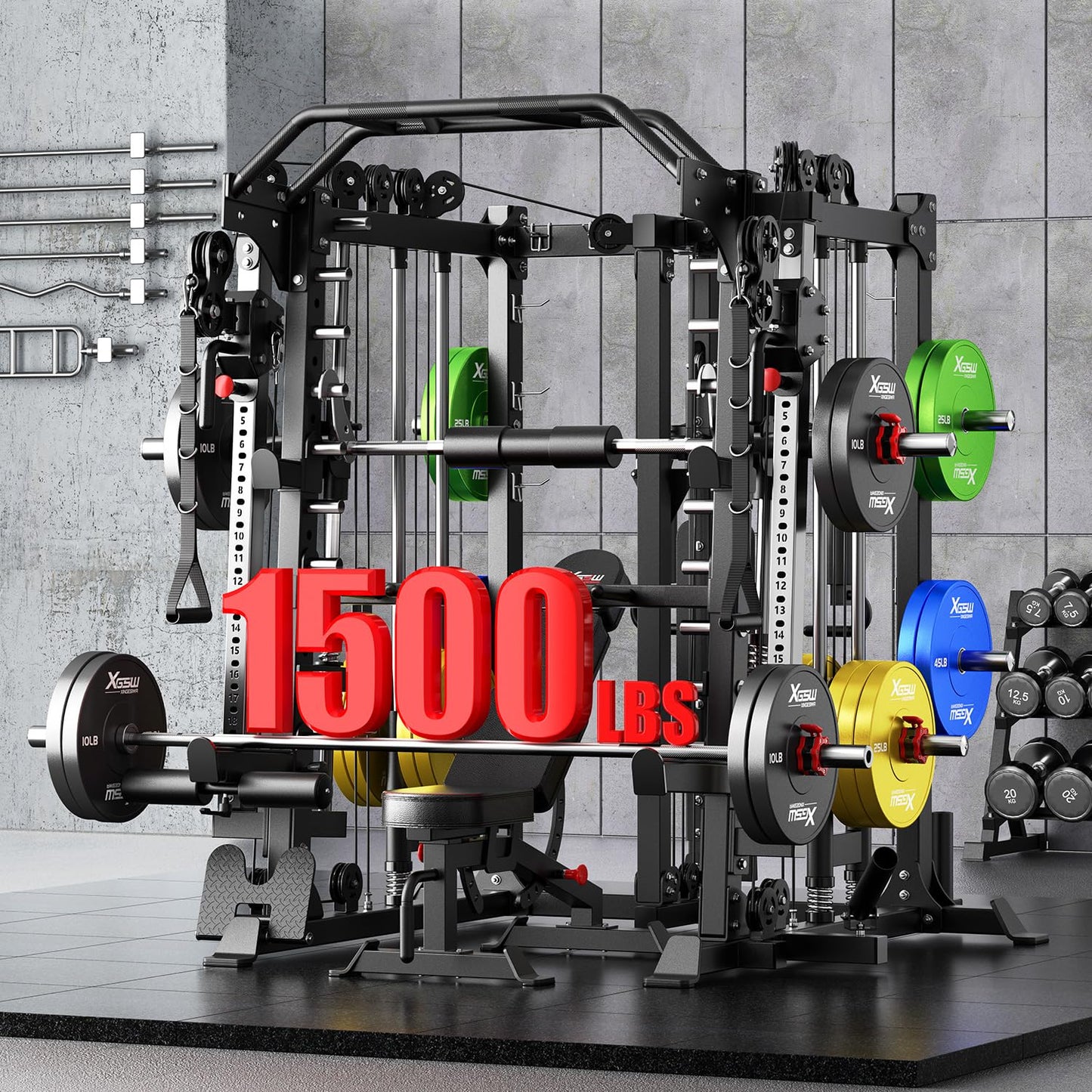 Smith Machine，Multi-Function Squat Rack Power Cage with Cable Crossover System,with Optional Weight Bench, Olympic Barbell Weight Set, for Home Gym (Black, L07-Package(（Pole+Cast Iron） 257LBS
