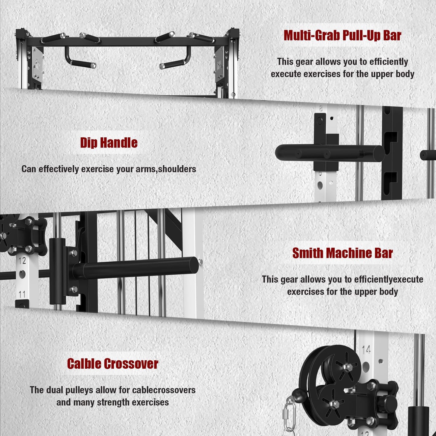 ONNO Smith Machine,2200lbs Squat Rack with LAT-Pull Down & Cable Crossover System,Multi-Function Power Cage for Home Gym with Leg Hold-Down Attachment(White)