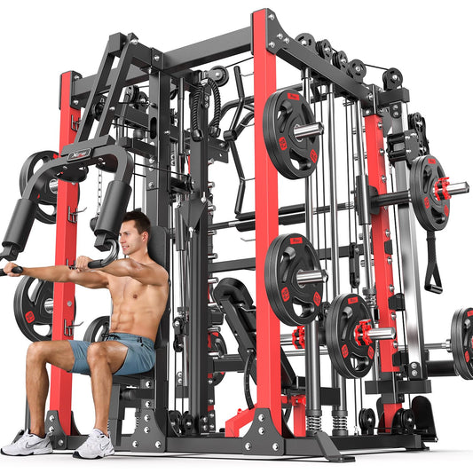 Multi-Purpose Squat Rack,Smith Machine Weight Rack Set with Cable Crossover System, Home Gym Power Racks, Power Racks and Packages (L07 two users, Power cage Red+bench+(pole+Cast lron)338LBS)