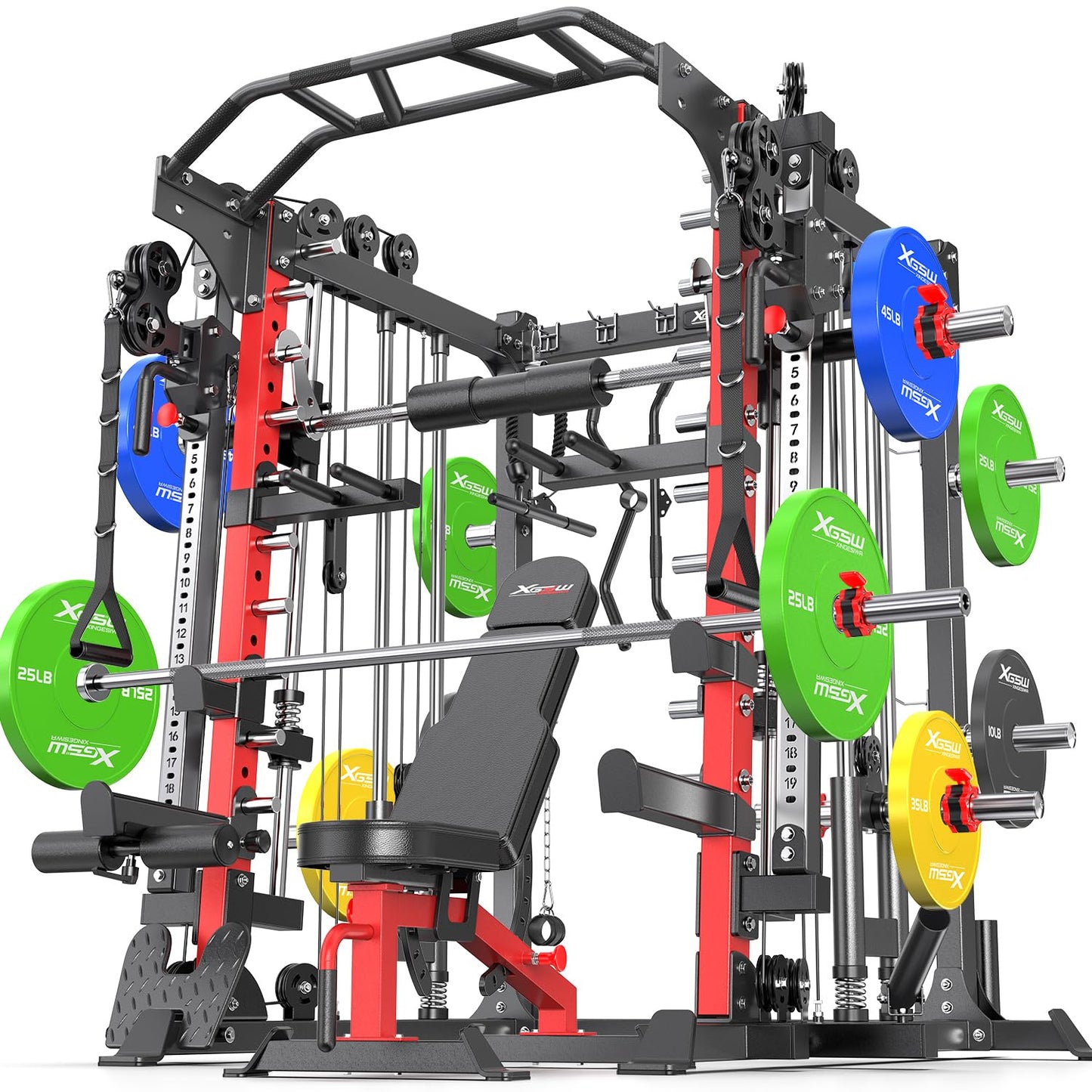Smith Machine，Multi-Function Squat Rack Power Cage with Cable Crossover System,with Optional Weight Bench, Olympic Barbell Weight Set, for Home Gym (red, L05-Package(（Pole+Color BP） 263LBS)