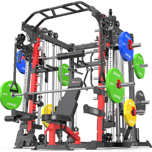 Smith Machine，Multi-Function Squat Rack Power Cage with Cable Crossover System,with Optional Weight Bench, Olympic Barbell Weight Set, for Home Gym (red, L05-Package(（Pole+Color BP） 263LBS)