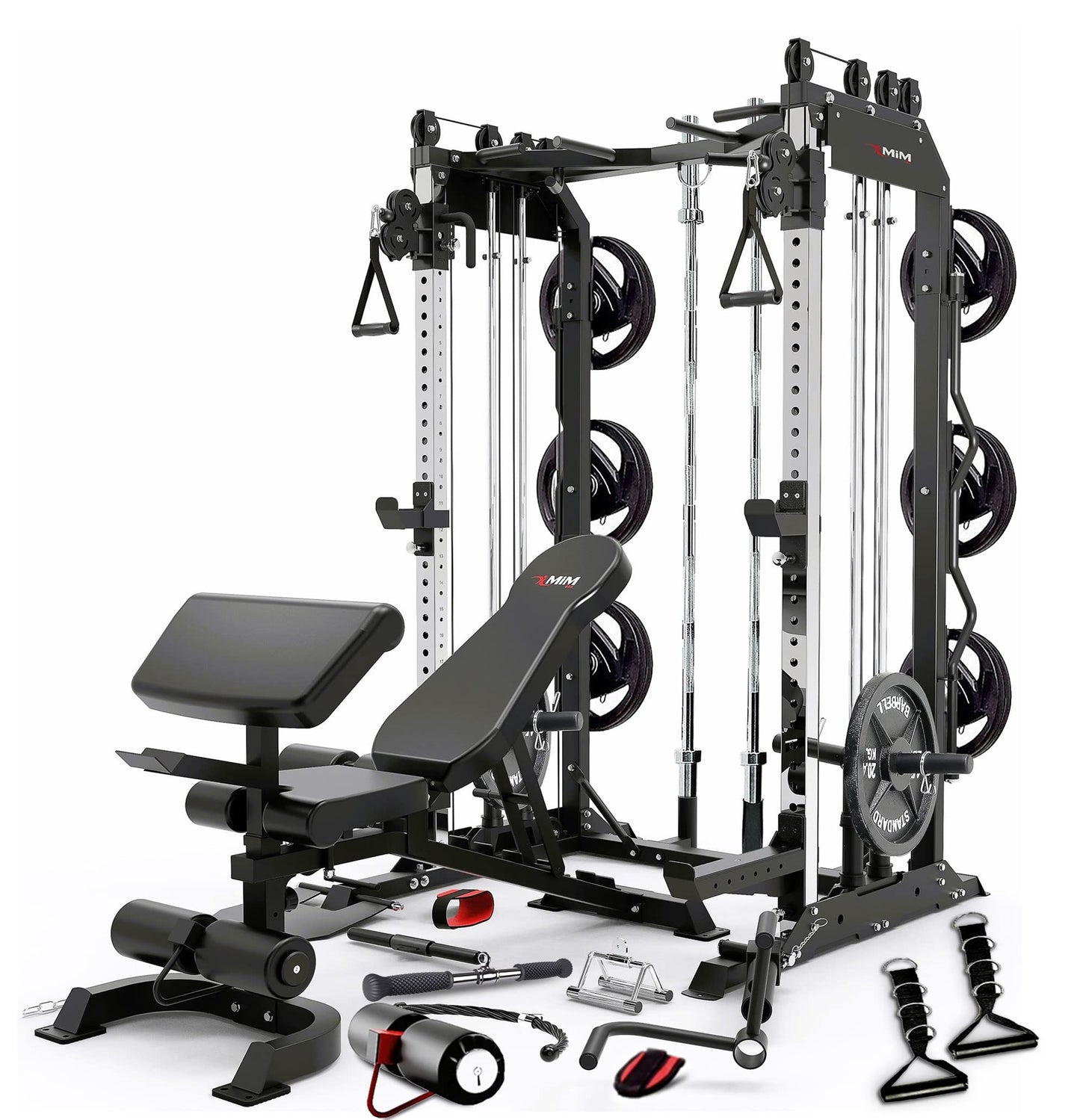 MiM USA Pro Master, All in One Home Gym, Smith Machine & Functional Trainer, 2000LB Capacity w/ Adjustable Bench, Arm Curl & Complete Attachment