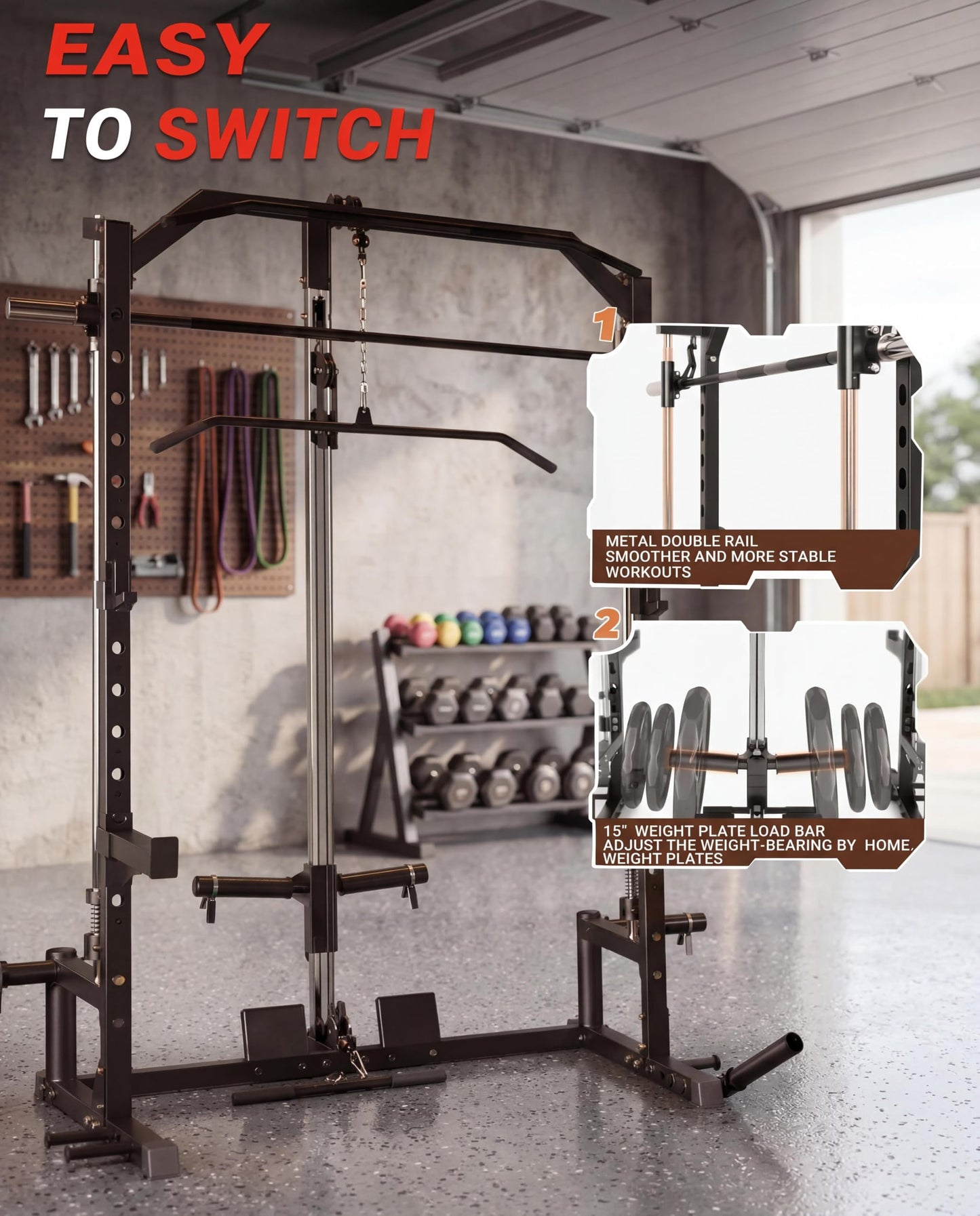All in One Smith Machine Home Gym, Compact Functional Trainer with Cables & Bench, 1000LBS Capacity Smith Machine for Home, Adjustable Power Rack, Full-Body Strength Training Equipment, LAT Pulldown