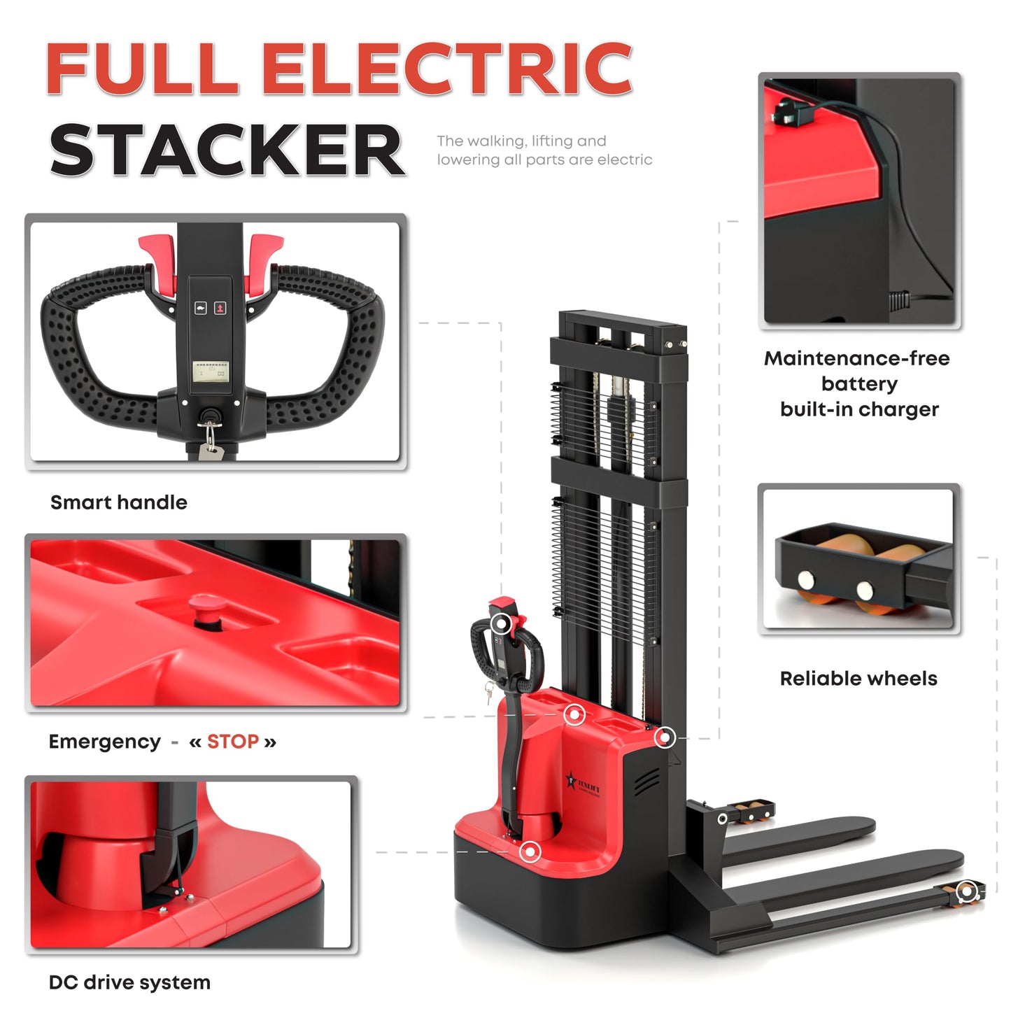 TEXLIFT Full Electric Forklift Walkie Pallet Stacker with Fixed Straddle Legs and Adjustable Forks 5.50 Inch to 27 Inch – Material Lifter 3300lbs Capacity 8 Ft/98 Inch Lifting Heights - (US-ES33K-98)