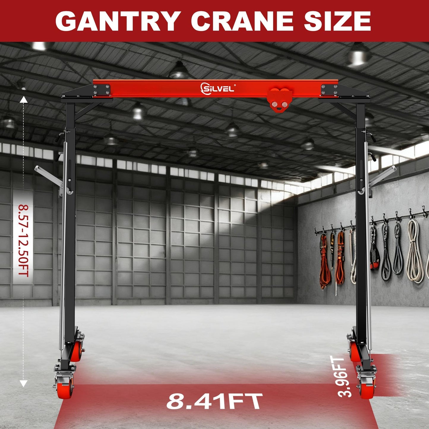 SILVEL Gantry Crane 1 Ton MAX3000LBS, Adjustable Height 8.53 to 12.47ft with Triangle Base, Portable I-Beam Hoist for Factory, Warehouse, Auto Repair & Construction, Red