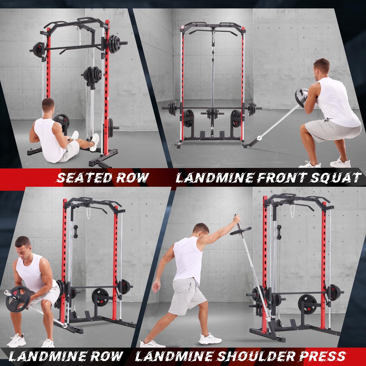 OPPSDECOR All-in-One Smith Machine Power Rack with LAT Pull Down System, Pull Up Bar, Barbell Bar, Plate Storage Pegs and More Training Attachment, Heavy Duty Smith Machine Home Gym (BlackRed)