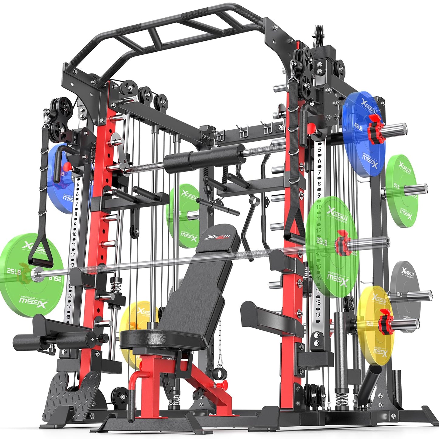 XGSW XINGESIWR Multi-Purpose Squat Rack,Smith Machine Weight Rack Set with Cable Crossover System, Home Gym Power Racks, Power Racks and Packages (L05, Power cage Red+Bench+(Pole+Color BP) 400LBS)