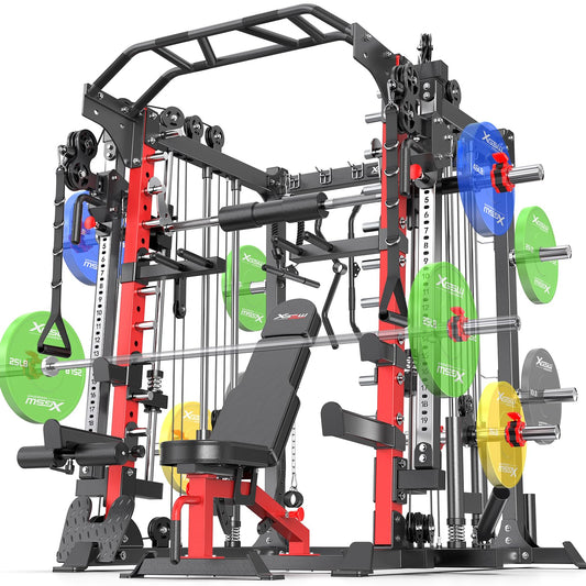 XGSW XINGESIWR Multi-Purpose Squat Rack,Smith Machine Weight Rack Set with Cable Crossover System, Home Gym Power Racks, Power Racks and Packages (L05, Power cage Red+Bench+(Pole+Color BP) 400LBS)