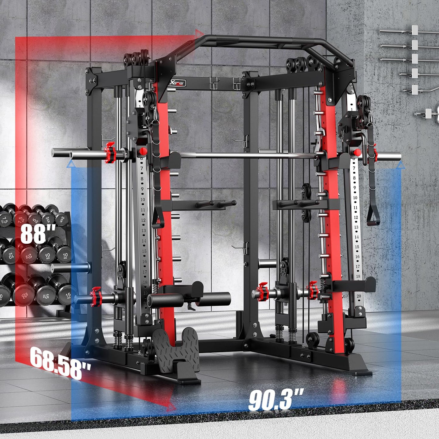 Smith Machine，Multi-Function Squat Rack Power Cage with Cable Crossover System,with Optional Weight Bench, Olympic Barbell Weight Set, for Home Gym (red, L05-Power Cage Only)