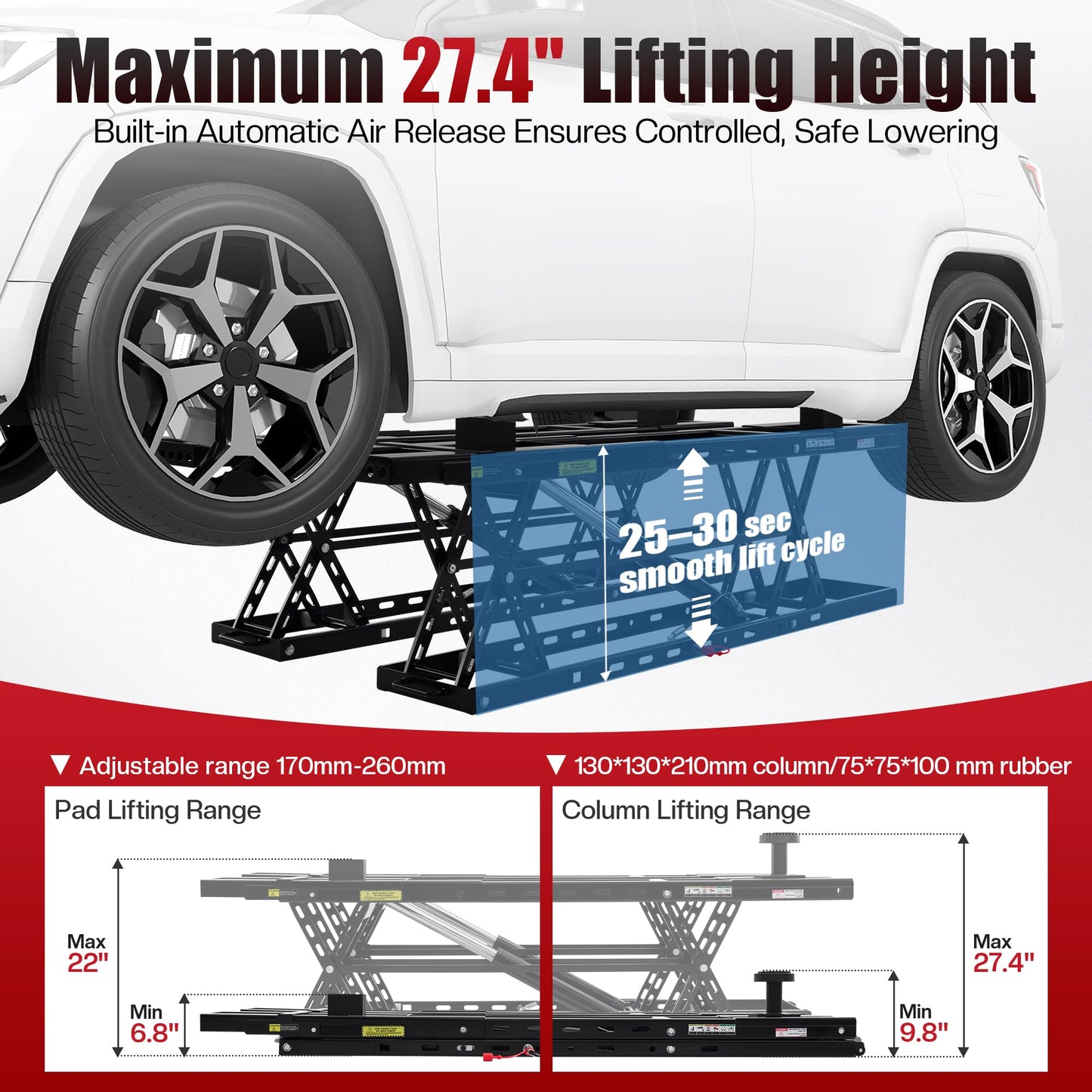 SPECRAFT 8000 LBS Portable Car Lift, Heavy-Duty Hydraulic Quick Jack with 27.4" Max Height, Multi-Safety Lock Bars & Wheels, Adjustable Scissor Lift for Cars, SUVs, Light Trucks, Garage Use, Black