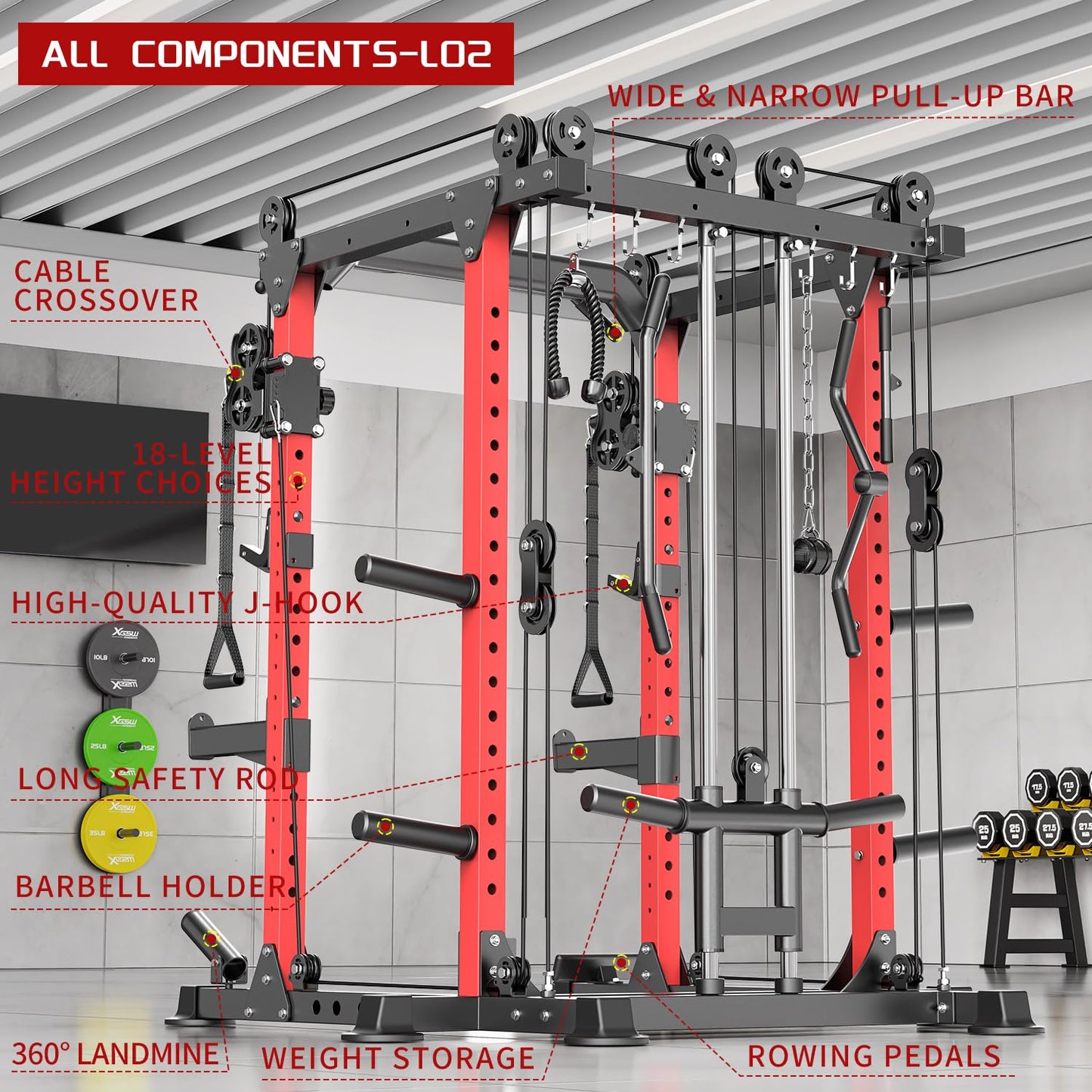XGSW XINGESIWR Multi-Purpose Squat Rack,Smith Machine Weight Rack Set with Cable Crossover System, Home Gym Power Racks, Power Racks and Packages (L02, Power cage Red+Bench+Color BP 230LBS)