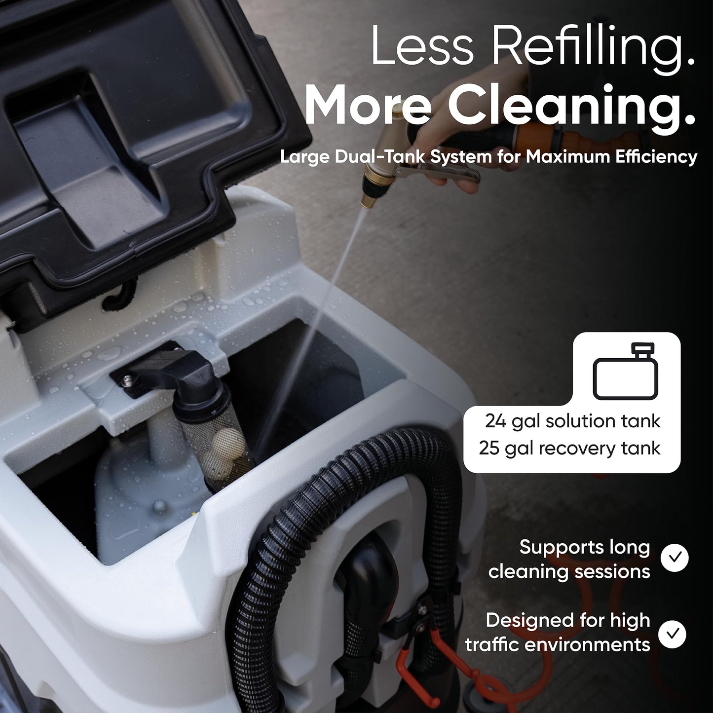 Battery Powered Ride-On Commercial Floor Scrubber Machine, 30" Brush, 39" Squeegee Width, 24 gal Solution Tank, 25 gal Recovery Tank, 5 hr Use 8 hr Charge, 180 RPM, 52,000 Sqft/H, Batteries Included