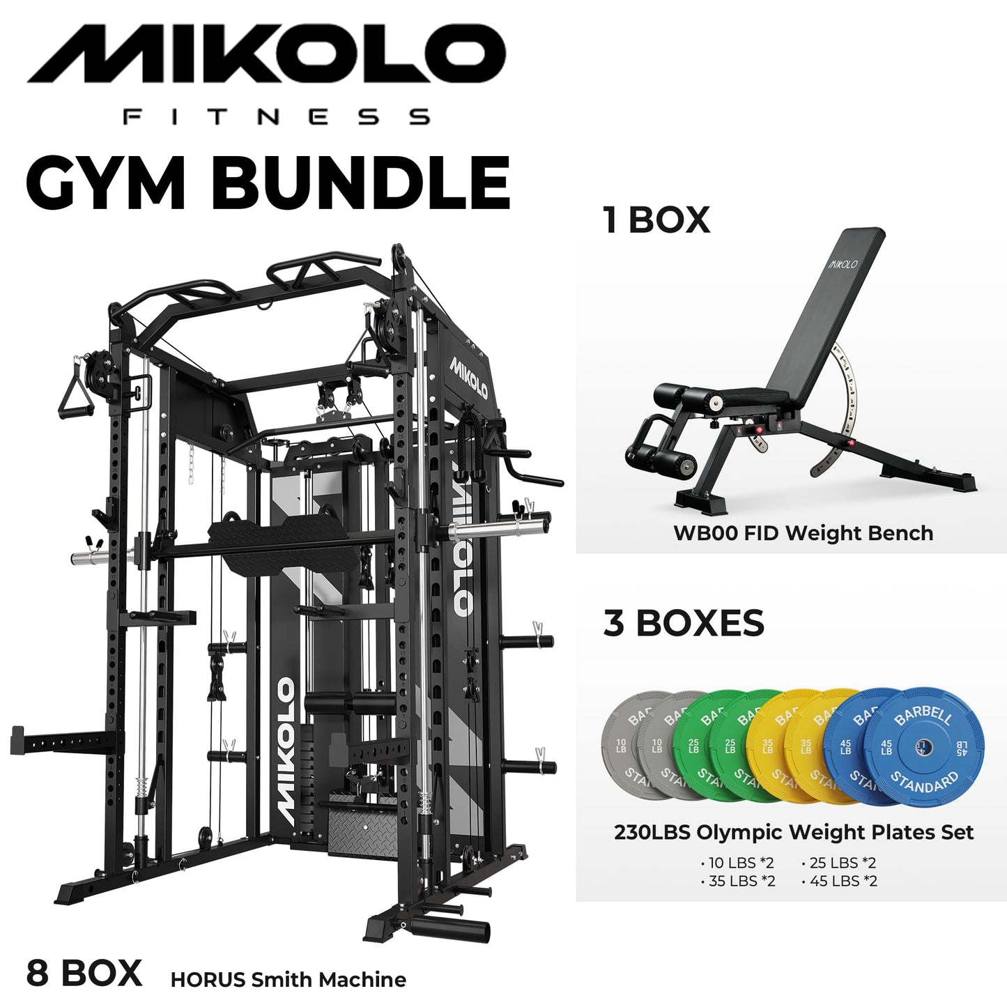 Mikolo Smith Machine with Weight Stack, Power Cage Home Gym System with LAT Pulldown & Cable Crossover, Multi-Functional Trainer with Dual Pulley System, Color Plate 230lbs