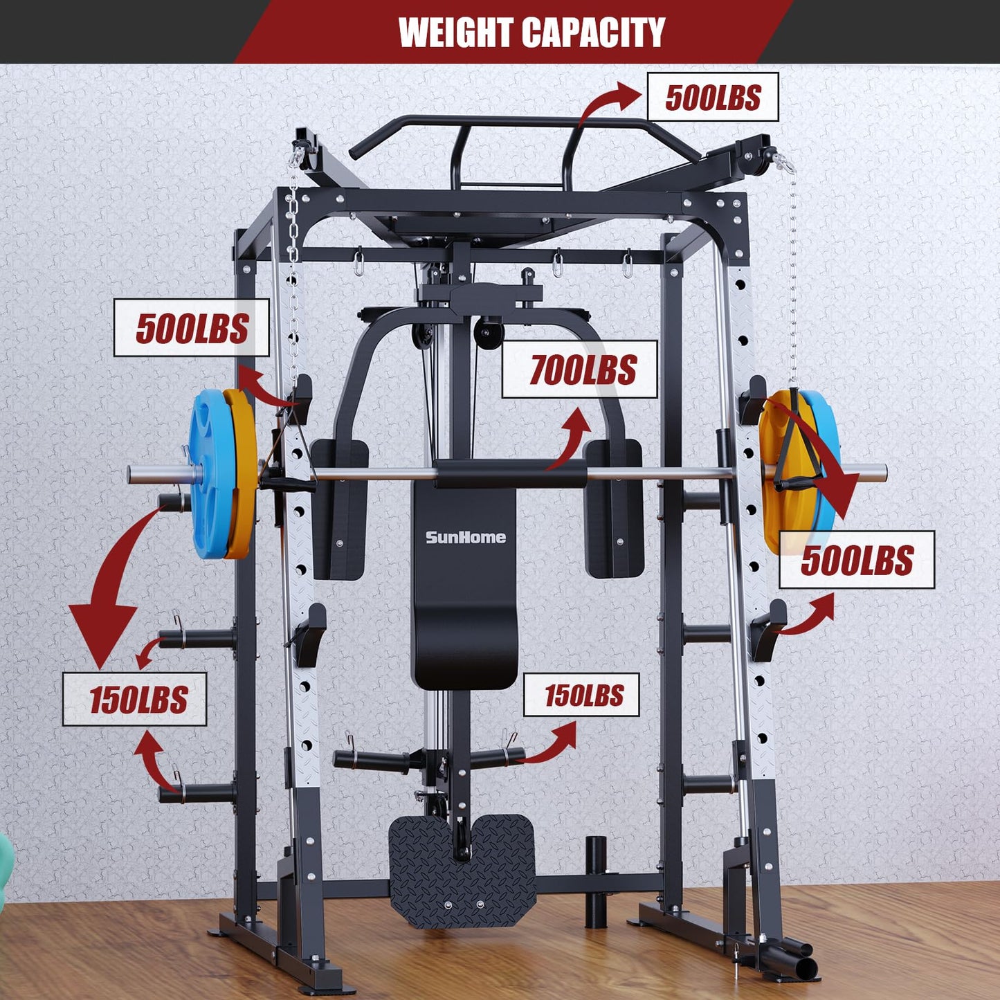 SunHome Smith Machine, Power Cage Squat Rack with Smith Bar, Two LAT Pull-Down Systems, Cable Crossover Machine and More Cable Attachment for Home Gym