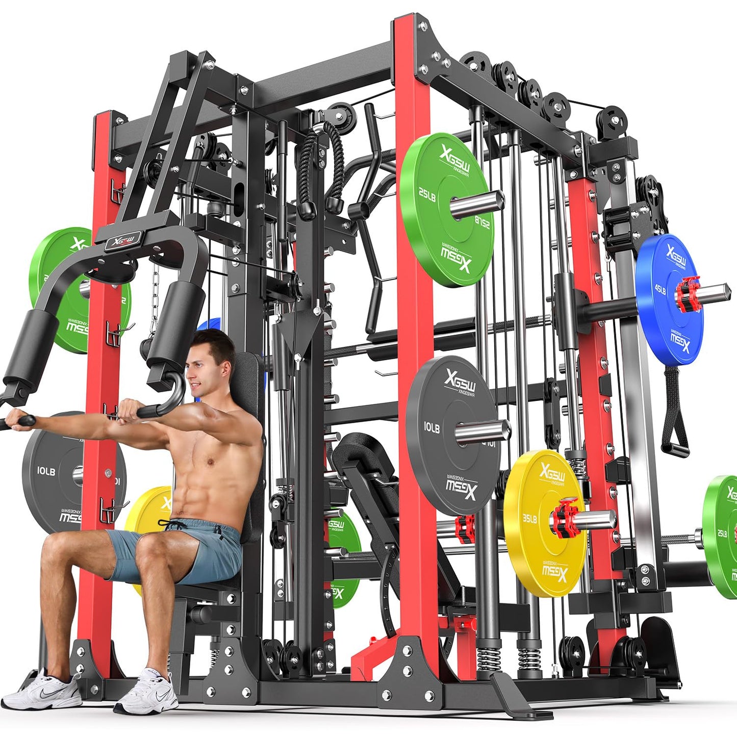 Smith Machine，Multi-Function Squat Rack Power Cage with Cable Crossover System,with Optional Weight Bench, Olympic Barbell Weight Set, for Home Gym (red, L07-Package(（Pole+Color BP） 263LBS)