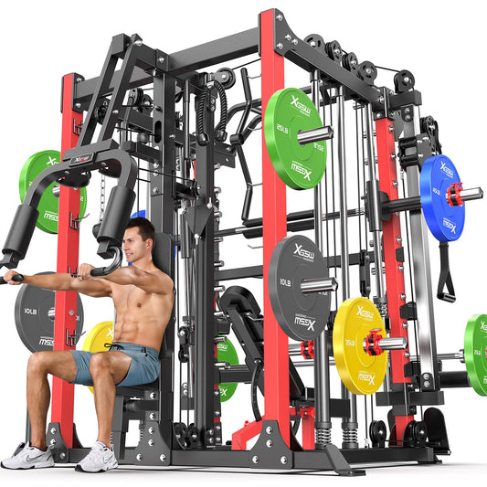 Smith Machine，Multi-Function Squat Rack Power Cage with Cable Crossover System,with Optional Weight Bench, Olympic Barbell Weight Set, for Home Gym (red, L07-Package(（Pole+Color BP） 263LBS)