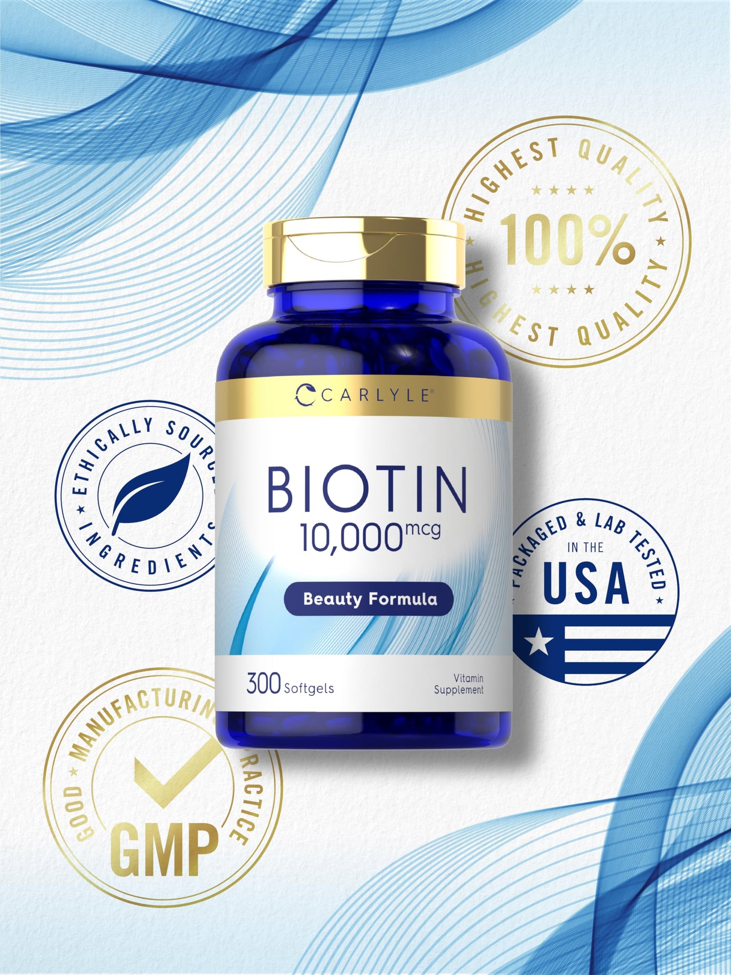 Carlyle Biotin 10000mcg | 300 Softgels | Max Strength for Hair, Skin, and Nails | Non-GMO, Gluten Free Supplement