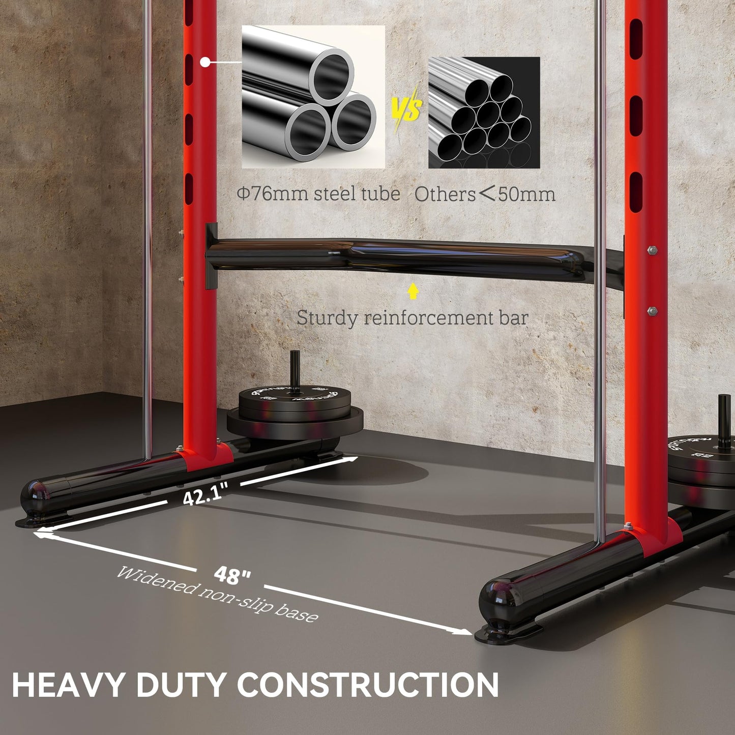 Soozier Squat Rack with Pull-Up Bar, Adjustable Power Rack with Barbell Bar, Multi-Functional Steel Bench Press Rack for Home Gym Strength Training, Black, Red