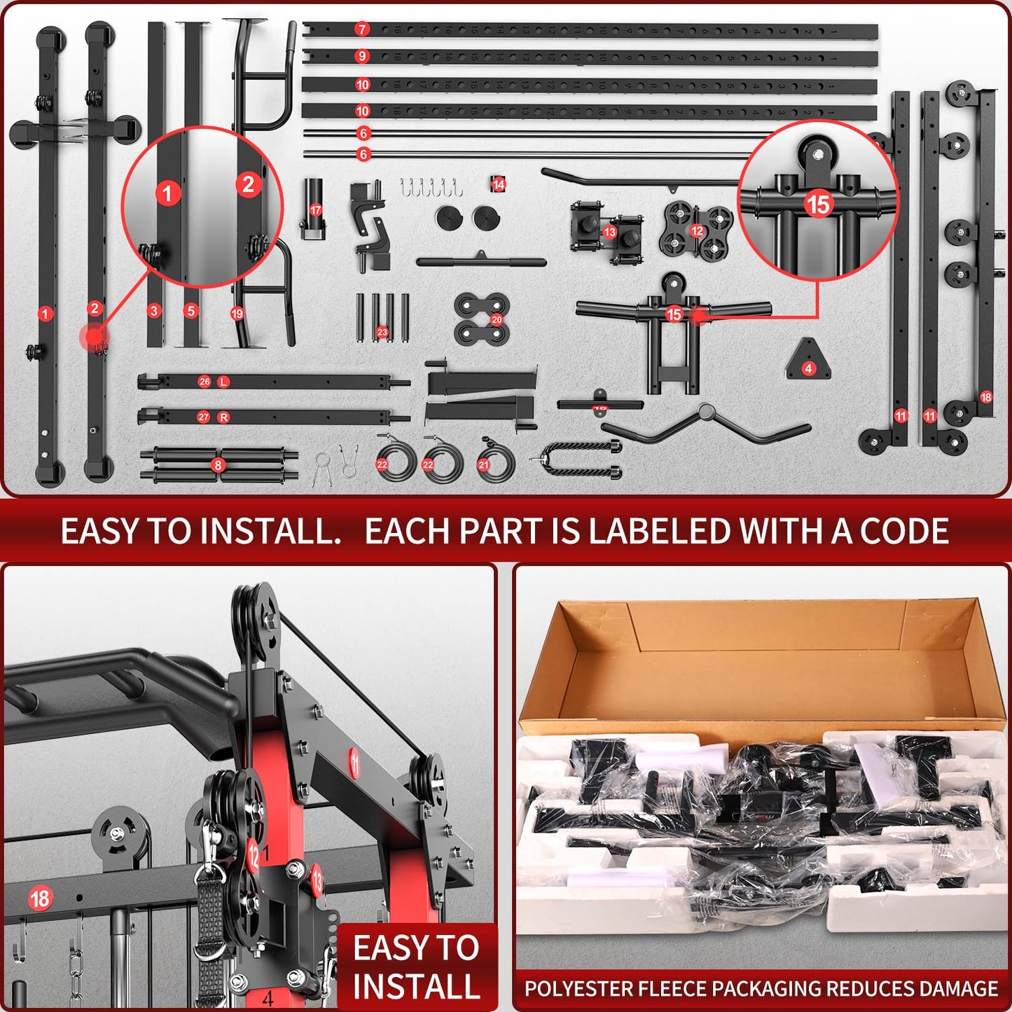 Power Rack Power Cage Multi-Function Squat Rack with Cable Crossover System Selectable More Training Attachment Power Rack for Garage & Home Gym (Red, A Set L02 Power Cage)