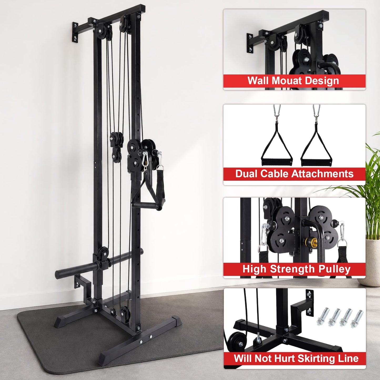 Fitvids Wall Mount Cable Station, 17-Position Dual Pulley, Cable Crossover for High/Low Pulls, LAT Pulldown & Tricep Rope, Space-Saving Home Gym, 400lb Load, Steel Construction