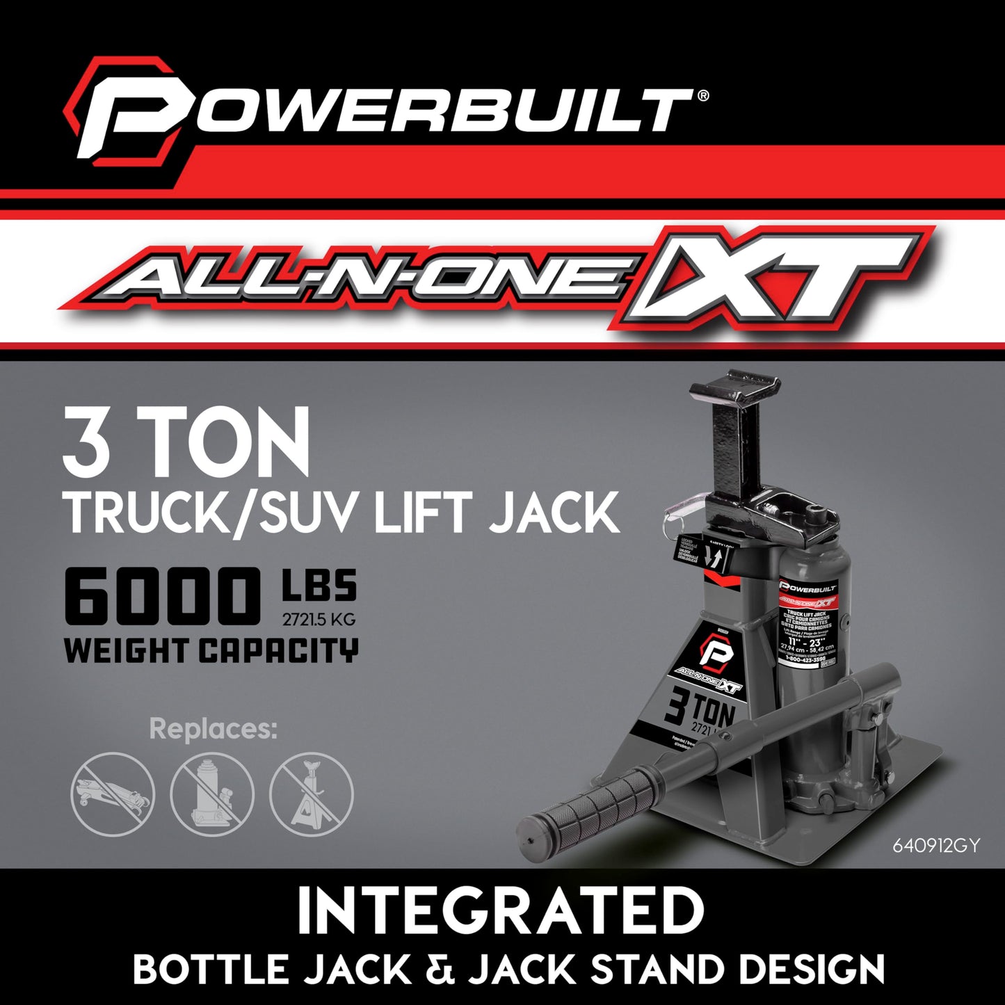 POWERBUILT 3 Ton All-in-One Hydraulic Bottle Jack and Jackstand in One, Compact, Wide Base, 11-21 inch Range, Eliminates Jackstands, for Trucks, SUVs, RVs, Trailers, Not for Sedans (Grey) 640912GY