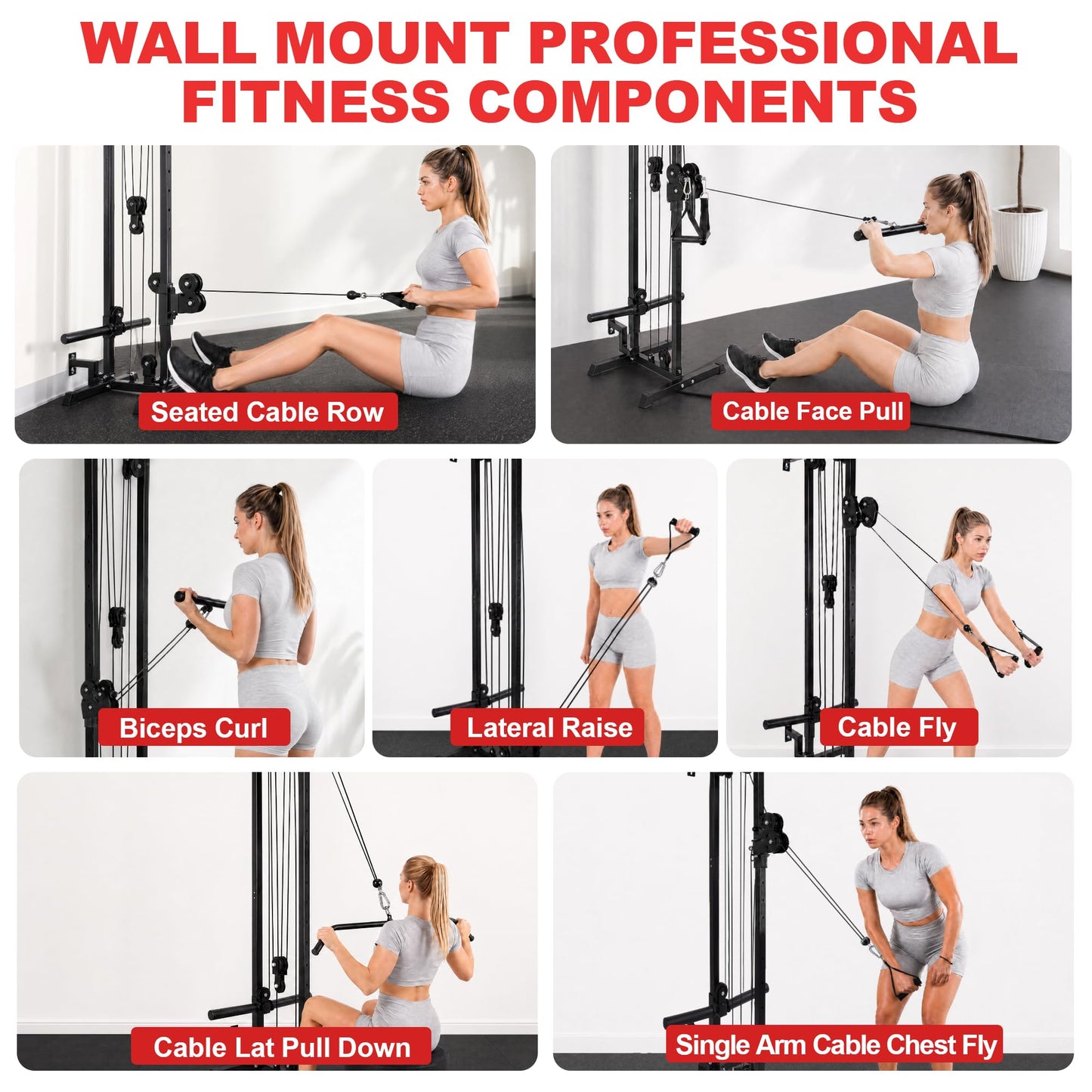 Fitvids Wall Mount Cable Station, 17-Position Dual Pulley, Cable Crossover for High/Low Pulls, LAT Pulldown & Tricep Rope, Space-Saving Home Gym, 400lb Load, Steel Construction