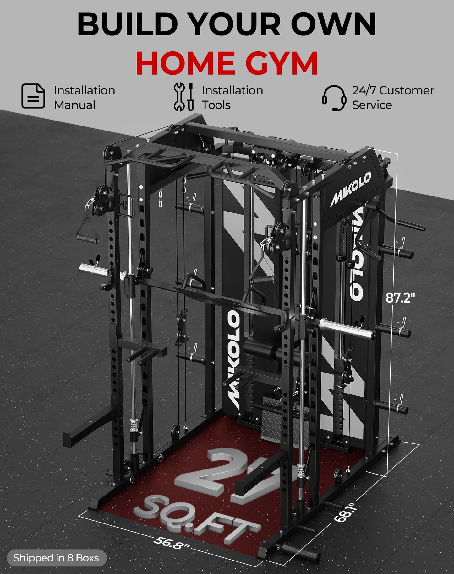 Mikolo Smith Machine with Weight Stack, Power Cage Home Gym System with LAT Pulldown & Cable Crossover, Multi-Functional Trainer with Dual Pulley System, Includes 10+ Free Attachments