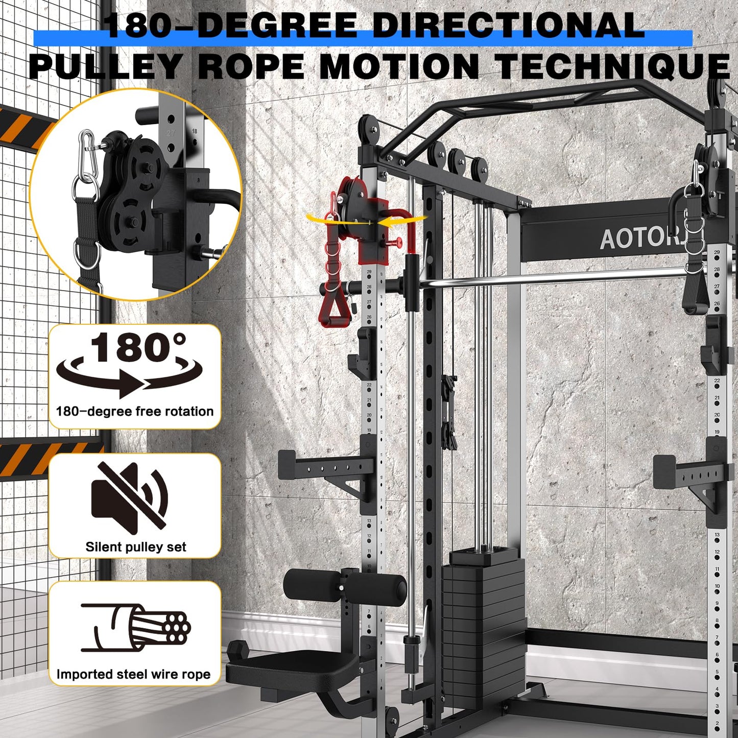 AOTORJAY Smith Machine Strength Training Squat Rack with Smith Bar, Power Cage with LAT Pull-Down Systems, Cable Crossover Machine for Home Gym (Smith Machine with 352lbs Weight Stack)