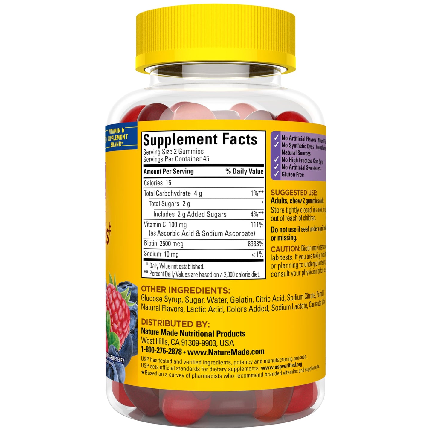 Nature Made Hair Skin and Nails with Biotin 2500 mcg, Dietary Supplement for Healthy Hair, Skin & Nails Support, 90 Gummies, 45 Day Supply