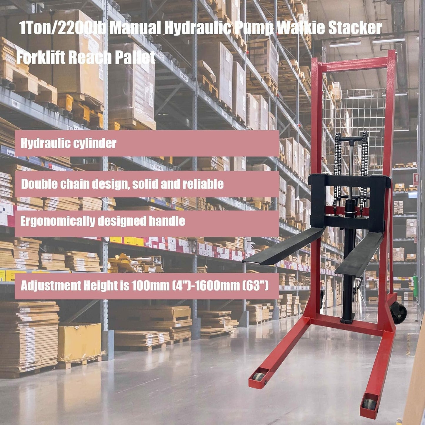 Yokoma 2204lbs Load Manual Forklift Hand Pallet Stacker Hydraulic Pump, 63" Lifting Height, Adjustable Forks, Straddle Legs Truck Dolly Ideal for Handling Stringer Block Pallets
