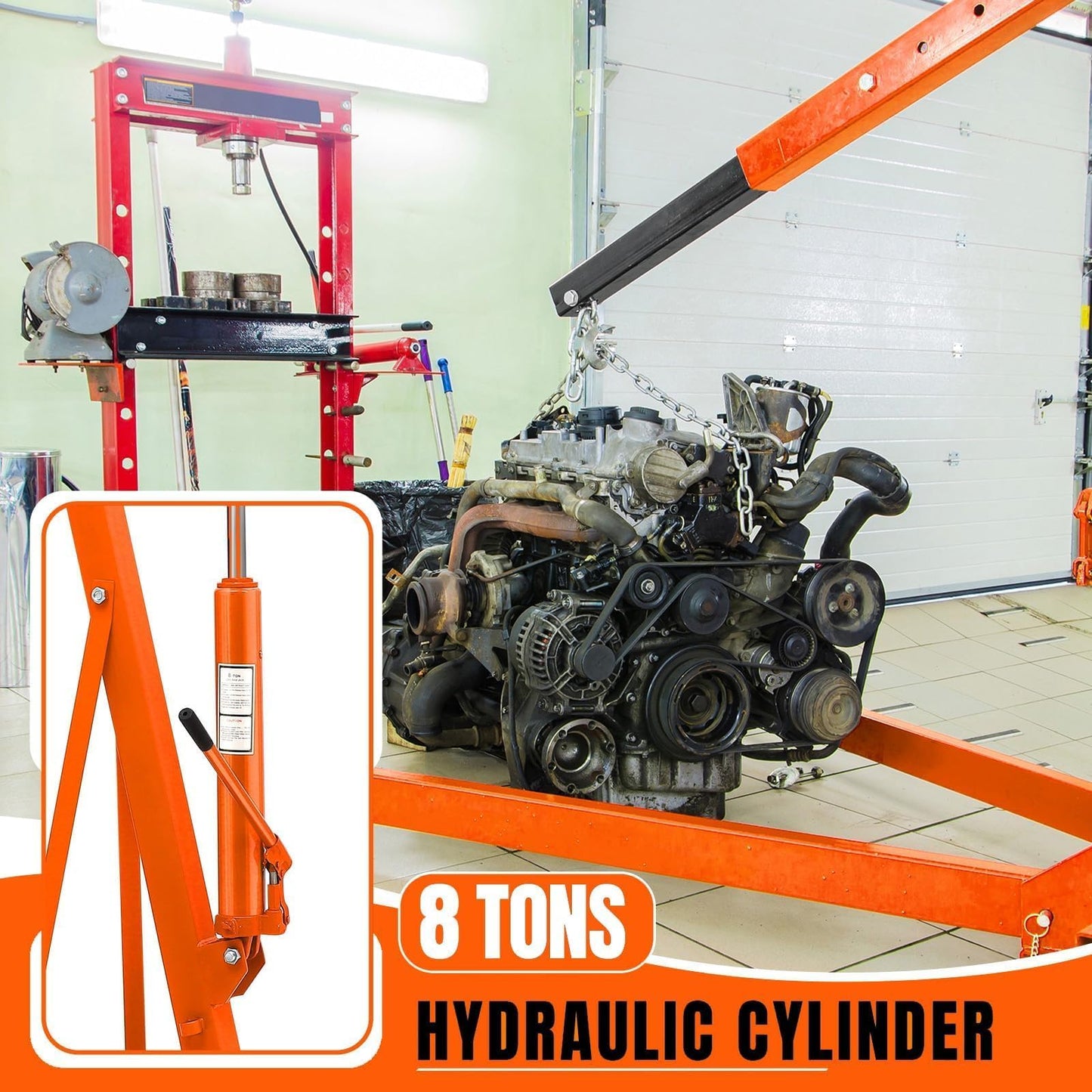 Hydraulic Engine Hoist, 2-Ton Folding Portable Shop Crane Lift, 4400 Lbs Capacity with Telescopic Boom and 6 Casters, Foldable Mobile Cherry Picker for Garage Workshop Warehouse, Orange, Heavy-Duty