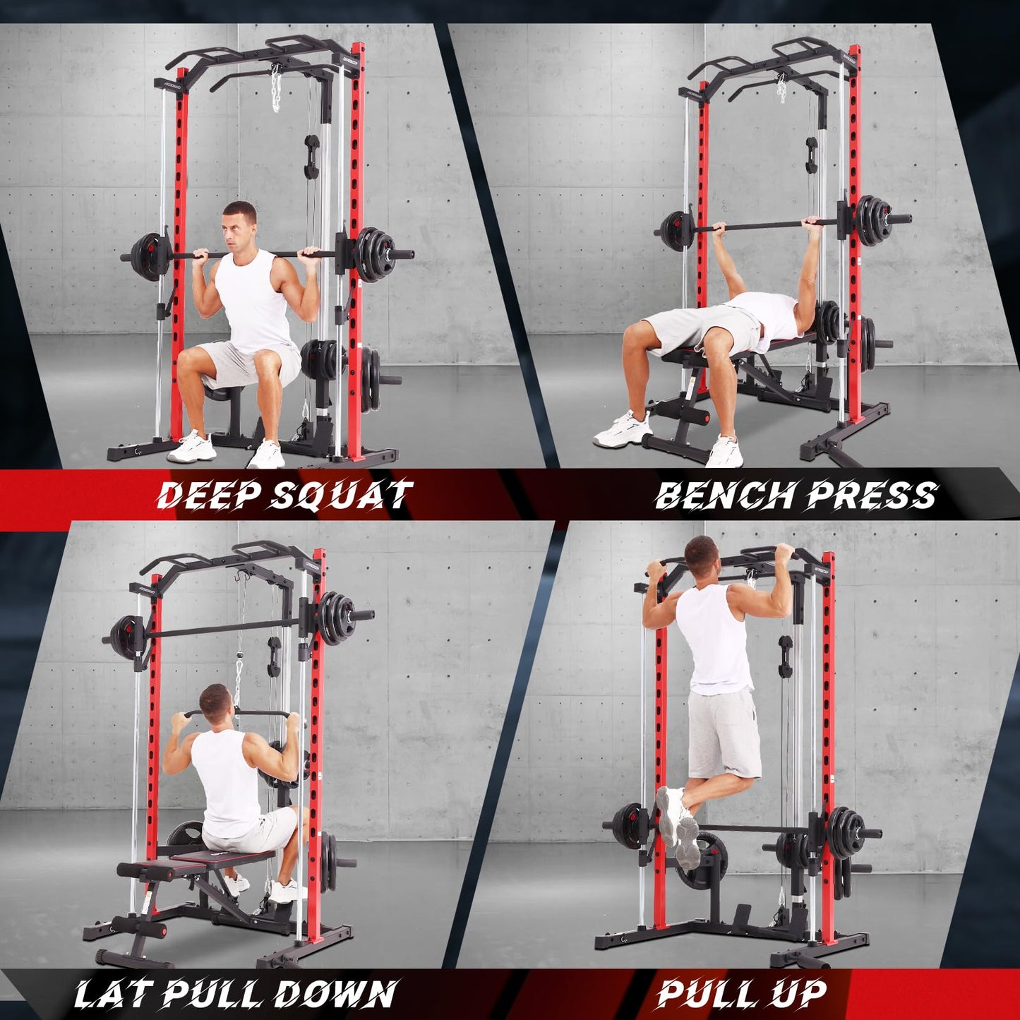 OPPSDECOR All-in-One Smith Machine Power Rack with LAT Pull Down System, Pull Up Bar, Barbell Bar, Plate Storage Pegs and More Training Attachment, Heavy Duty Smith Machine Home Gym (BlackRed)
