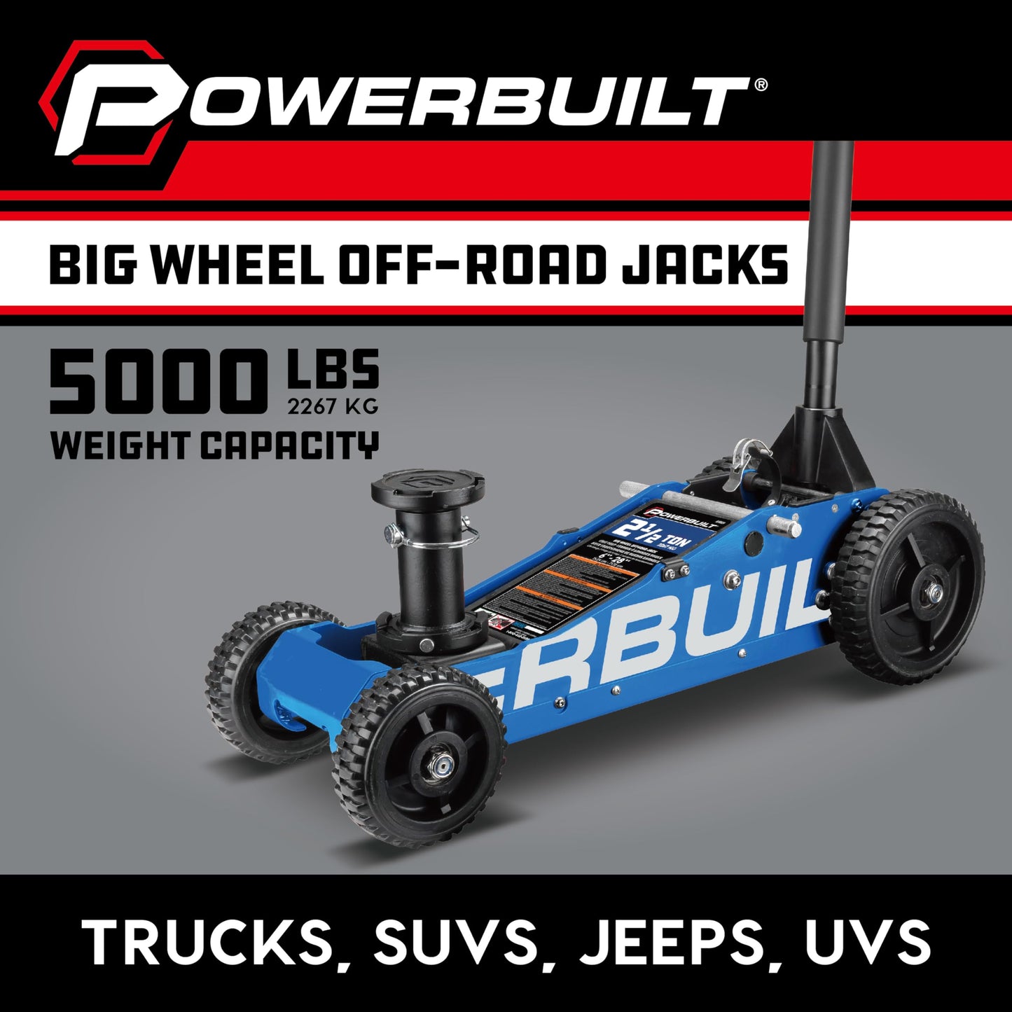 Powerbuilt 2.5 Ton Big Wheel Off Road Jack, Vehicle Lift for Trucks, SUVs, ATVs Offroad Vehicles, Oversized Wheels for Rugged Terrain, 5000 LB Capacity, Blue 620620ECE
