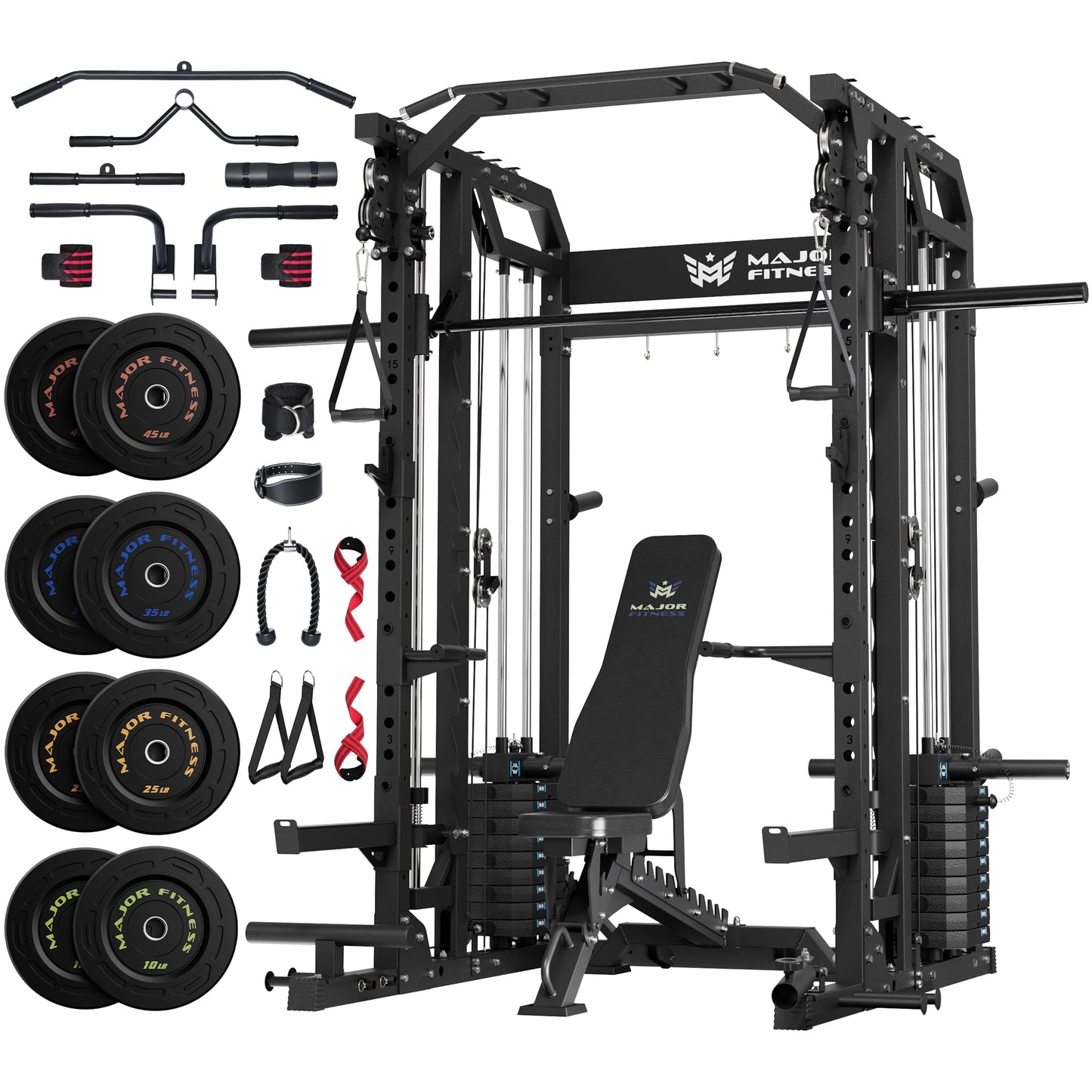 Major Fitness Smith△ Machine Drone2 Premium, All-in-One Home Gym Squat Rack with Aluminum Pulley Set , Weight Bar, Dual LAT Pull-Down Systems (BK D2AW+BK Bench+ BK 230LB)