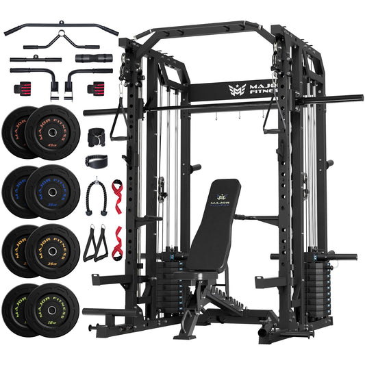 Major Fitness Smith△ Machine Drone2 Premium, All-in-One Home Gym Squat Rack with Aluminum Pulley Set , Weight Bar, Dual LAT Pull-Down Systems (BK D2AW+BK Bench+ BK 230LB)