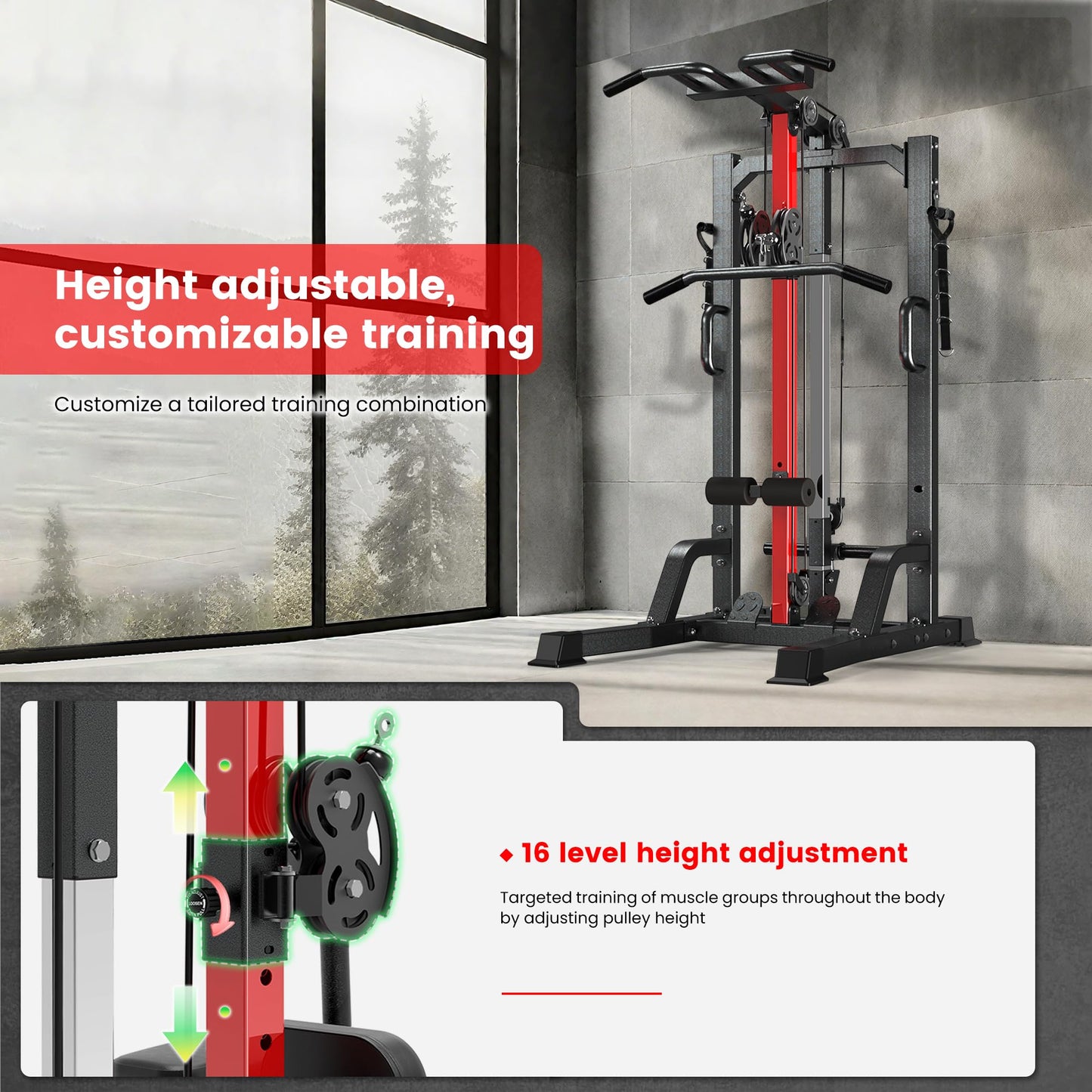 pooboo 450LBS All-in-One Home Gym Functional Trainer with LAT Pulldown System, Power Cage & Cable Crossover Machine, Squat Rack with Dual Pulley System and Dip Bars