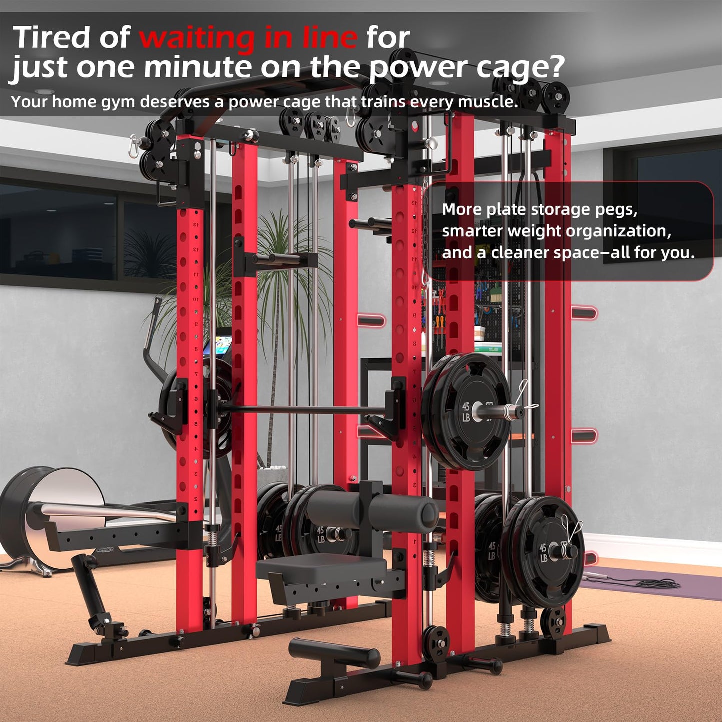 Smith Machine Home Gym with LAT Pulldown, Power Squat Rack Cage 2000lbs All in One Dual Cable Crossover Machine, Strength Training Power Cages with Pulley Workout System, Garage Bench Press