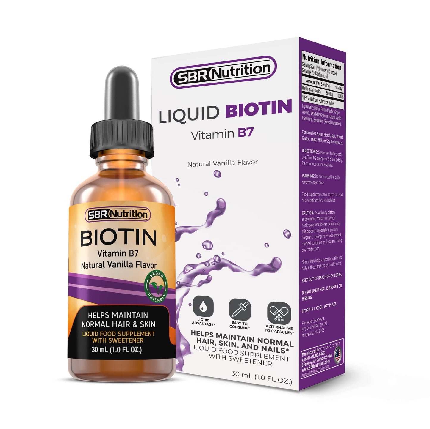 SBR Nutrition Biotin Liquid Drops, 5000mcg per Serving (60) 1.0Fl.oz (30ml) Vanilla