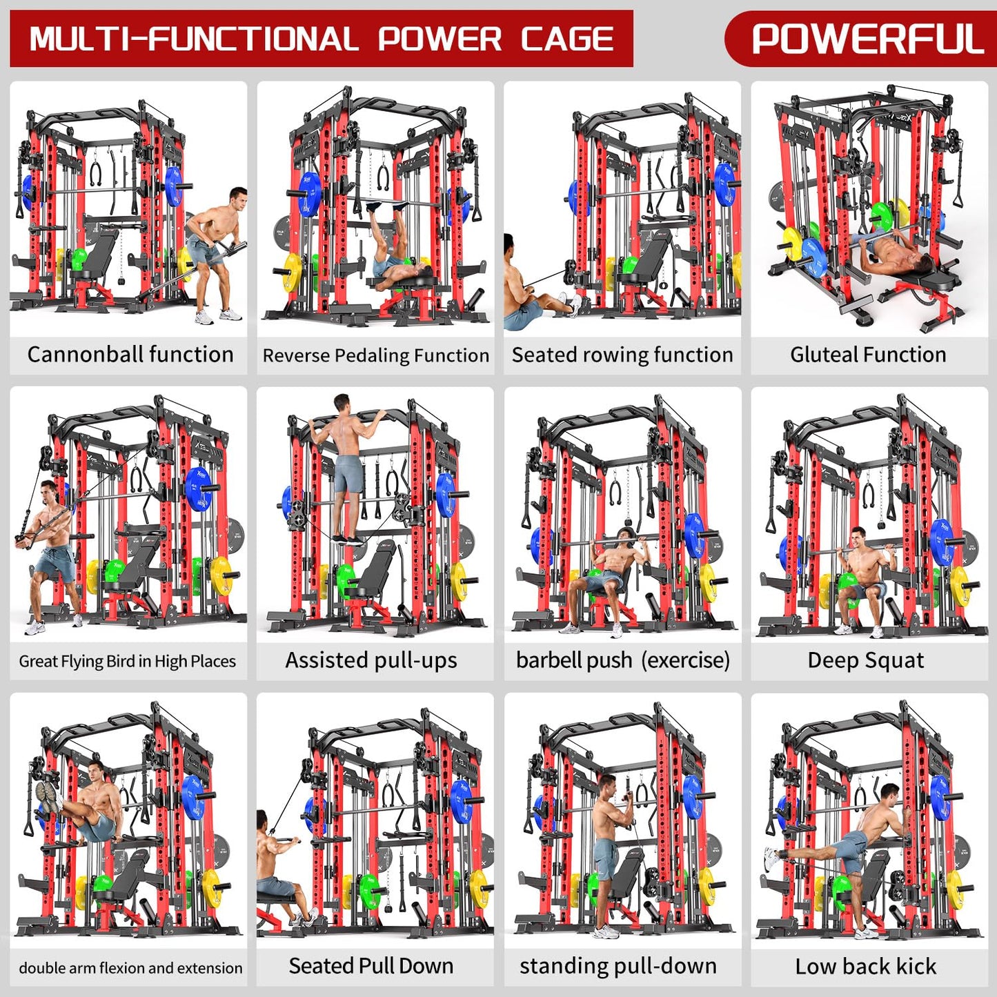 XGSW XINGESIWR Multi-Purpose Squat Rack,Smith Machine Weight Rack Set with Cable Crossover System, Home Gym Power Racks, Power Racks and Packages (L04, Power cage Red+Bench+Color BP 230LBS)