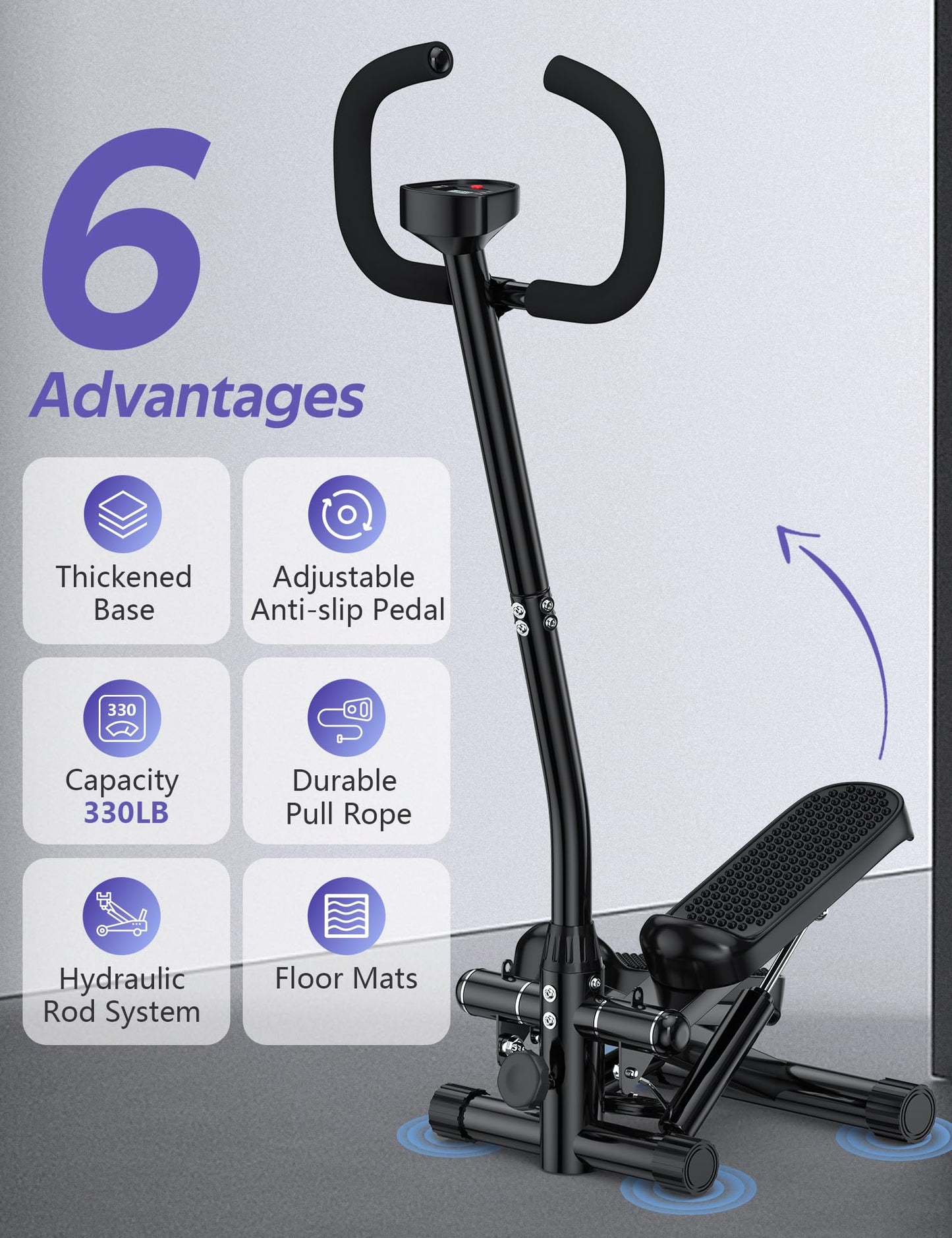 Amicus Mini Stepper with Handlebar, Stair Steppers with Resistance Band, Hydraulic Fitness Stepper with Floor Mat LED Monitor Machine for Home, 330lbs Weight Capacity, Charcoal Black