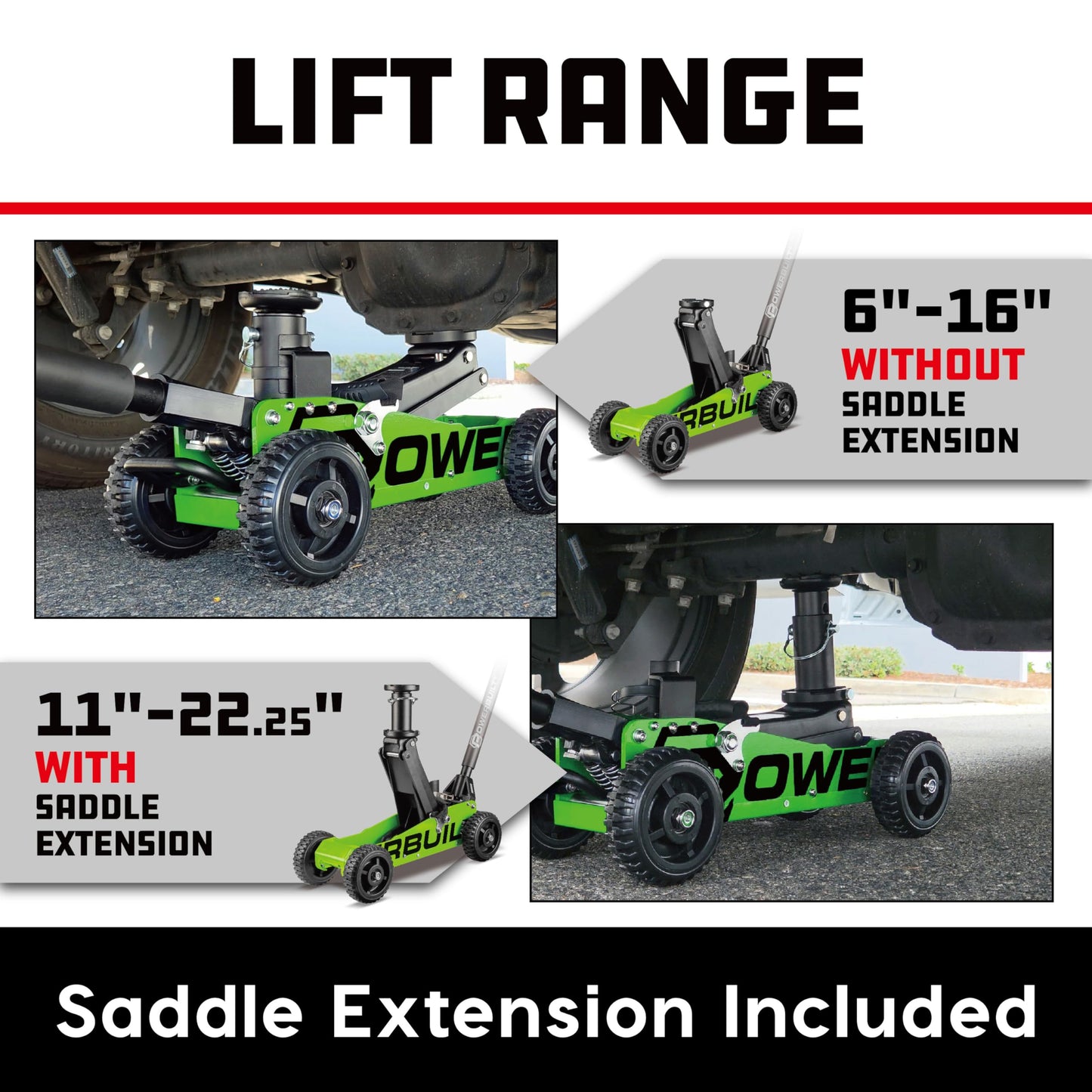 Powerbuilt 1.5 Ton Big Wheel Off Road Jack, Vehicle Lift for Trucks, SUVs, ATVs Offroad Vehicles, Oversized Wheels for Rugged Terrain, 3000 LB Capacity, Green 620628ECE