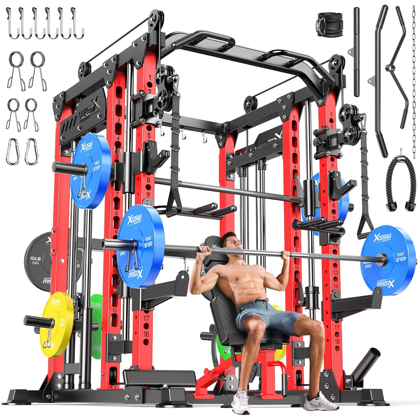 Smith Machine with Cable Crossover System, Multi-Function Power Cage Squat Rack for Home Gym, Power Rack and Packages Weight Sets. (Red, L04-Smith Machine+Bench+(Pole+Color BP) 398LBS)