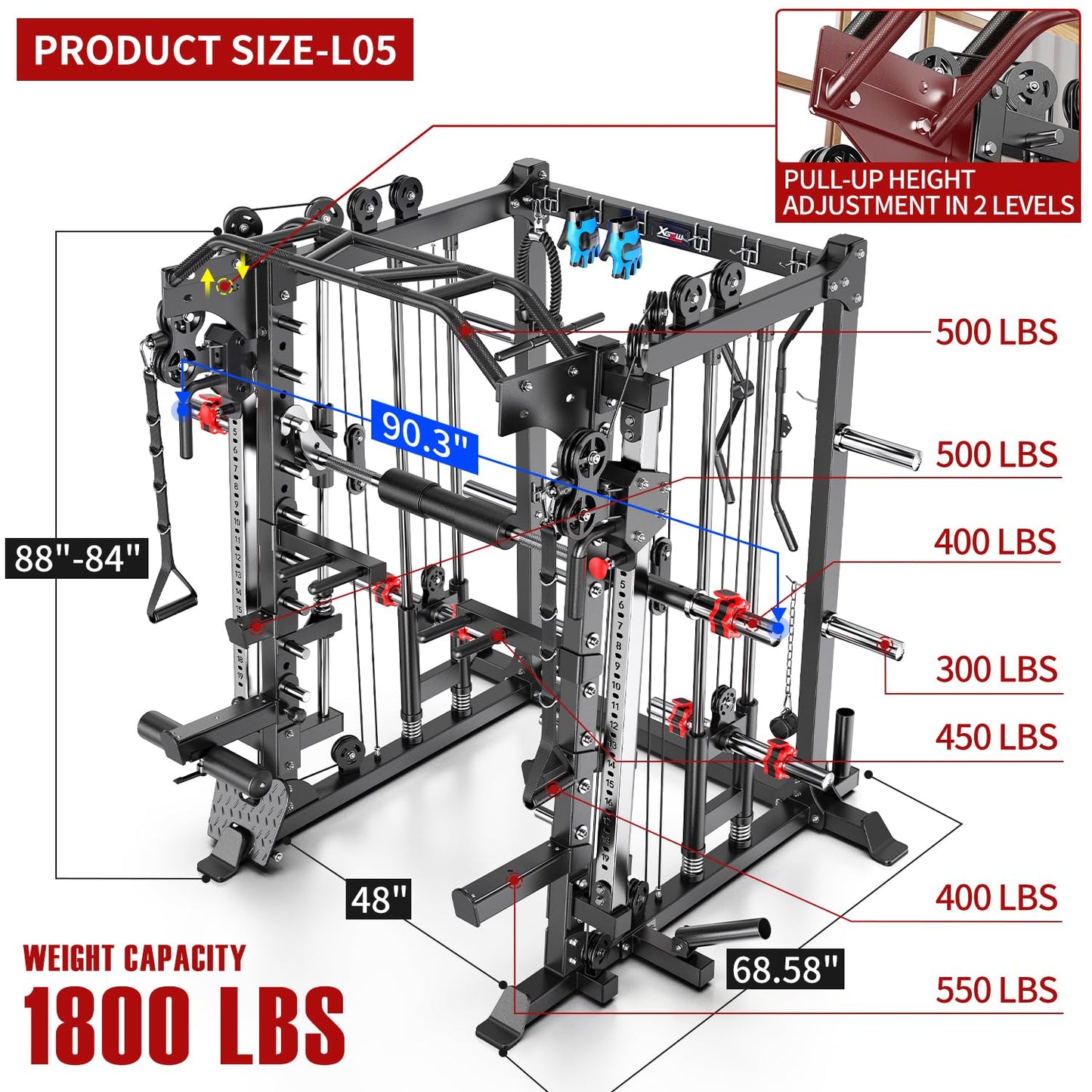 XGSW XINGESIWR Multi-Purpose Squat Rack,Smith Machine Weight Rack Set with Cable Crossover System, Home Gym Power Racks, Power Racks and Packages (L05, Power cage Black+Bench+(Pole+Color BP) 400LBS)